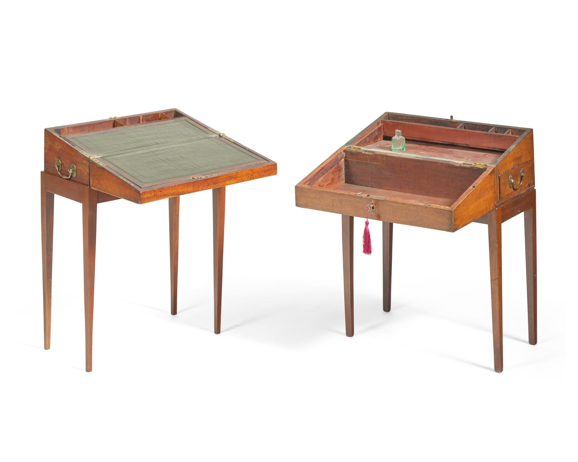 A group of four George III inlaid mahogany writing and document boxes on later stands, late 18th / early 19th century and later