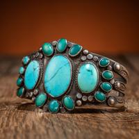 Navajo Stamped Silver and Turquoise Cluster Cuff Bracelet