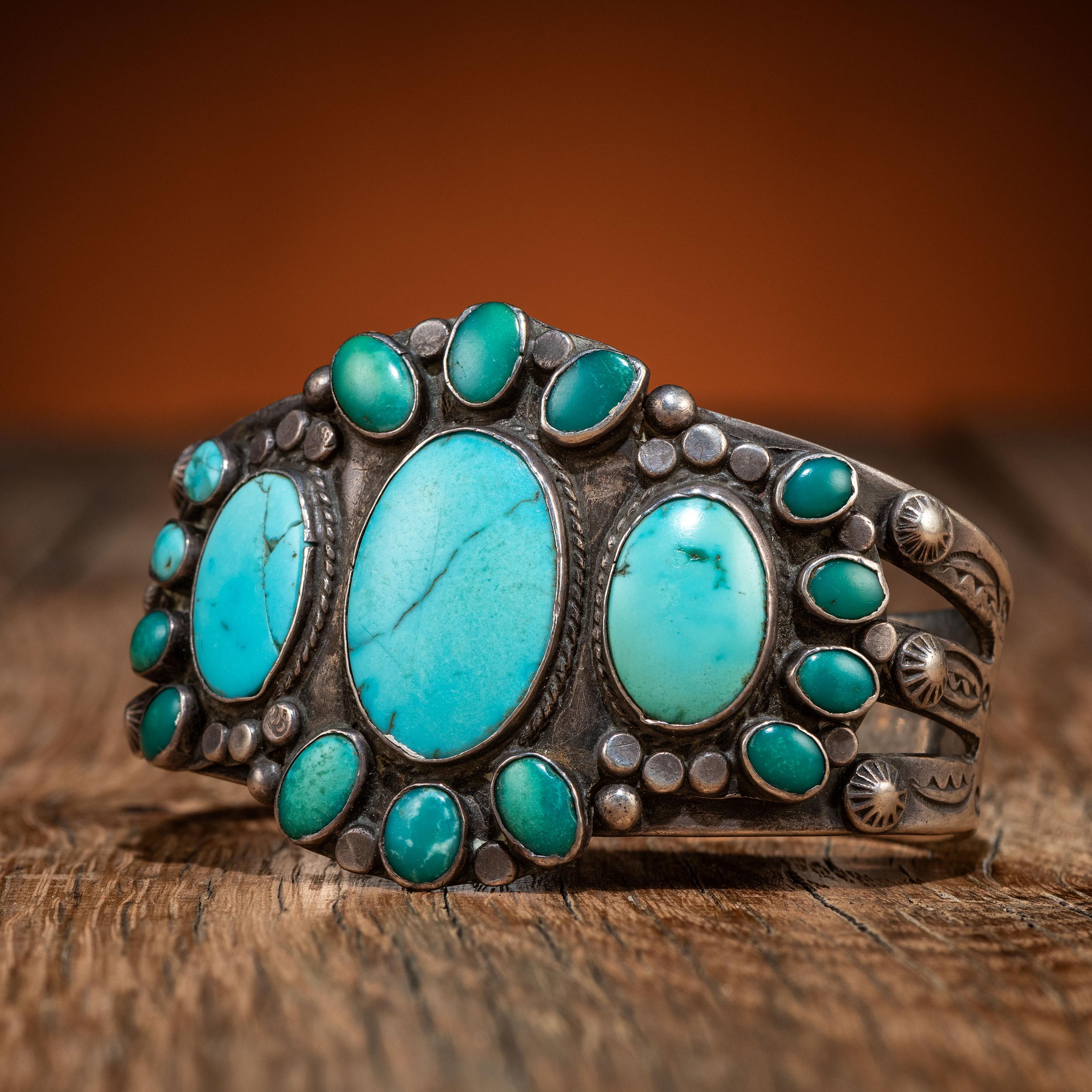 Navajo Stamped Silver and Turquoise Cluster Cuff Bracelet
