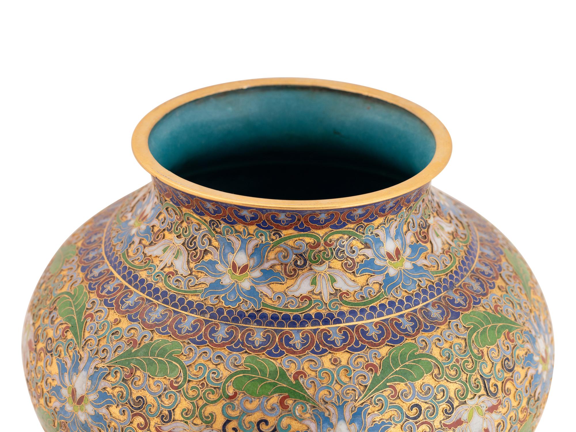A Chinese Champlevé Brass Covered Urn with a Temple Guardian Finial