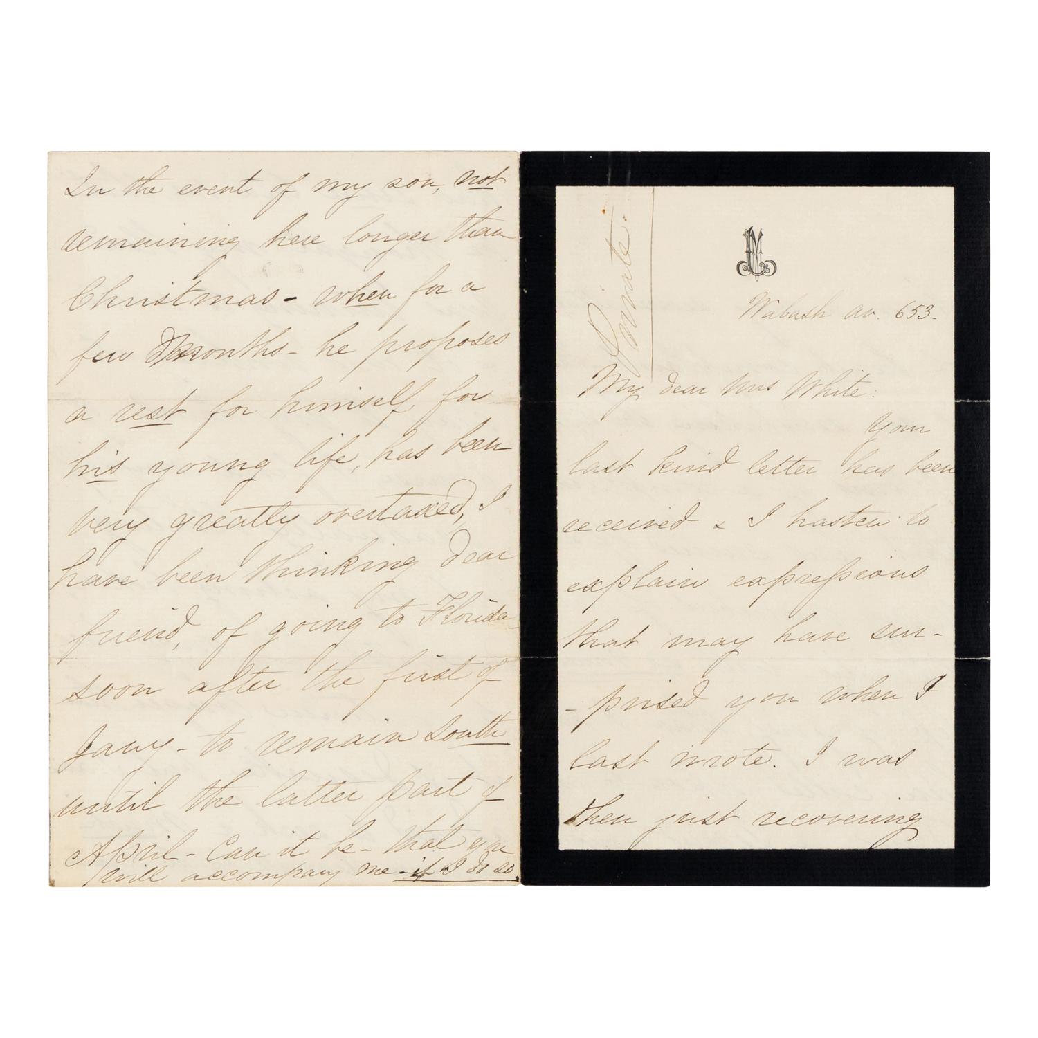 LINCOLN, Mary Todd (1818-1882). Autograph letter signed ("M.L.") to Rhoda White, Chicago, 8 December 1871.