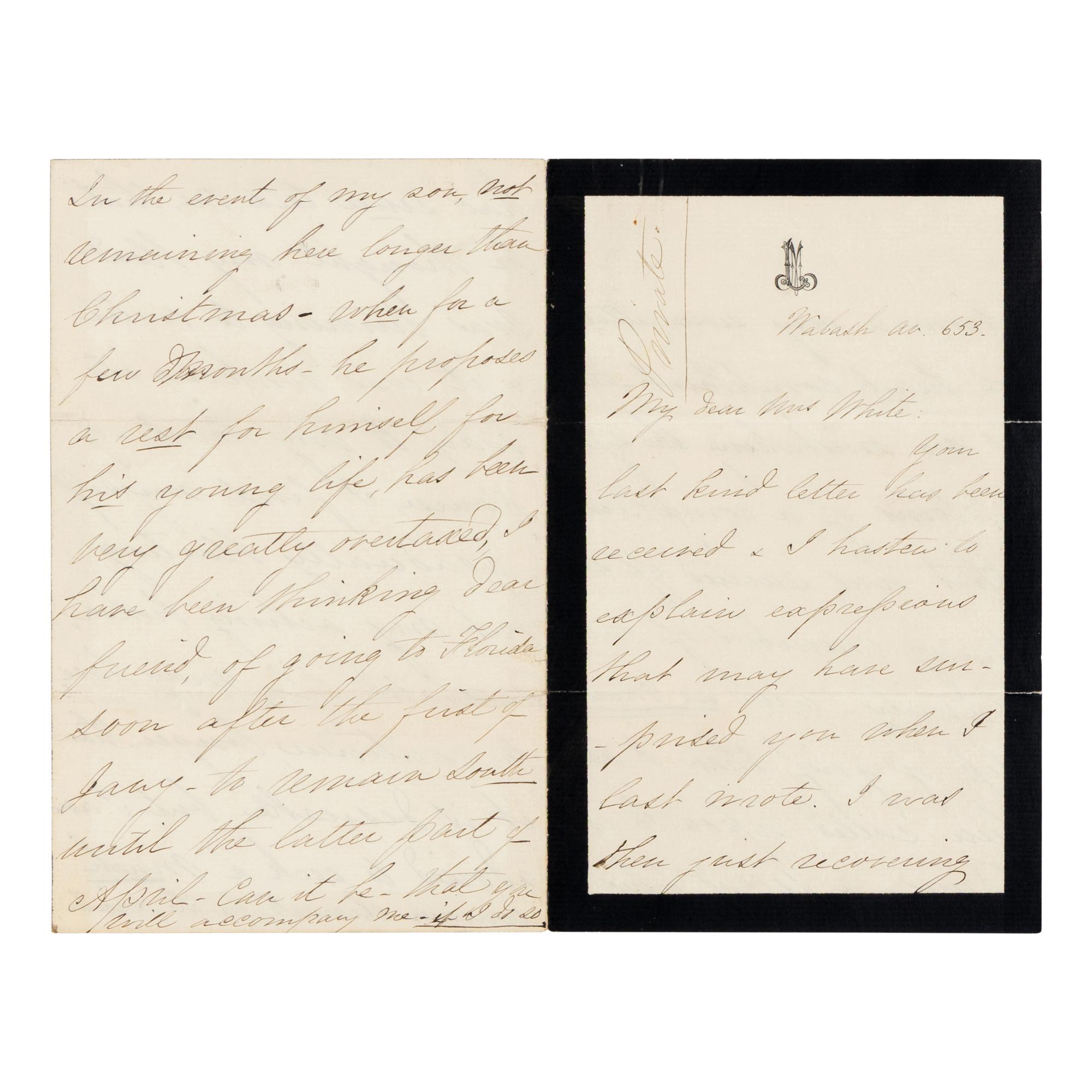 LINCOLN, Mary Todd (1818-1882). Autograph letter signed ("M.L.") to Rhoda White, Chicago, 8 December 1871.
