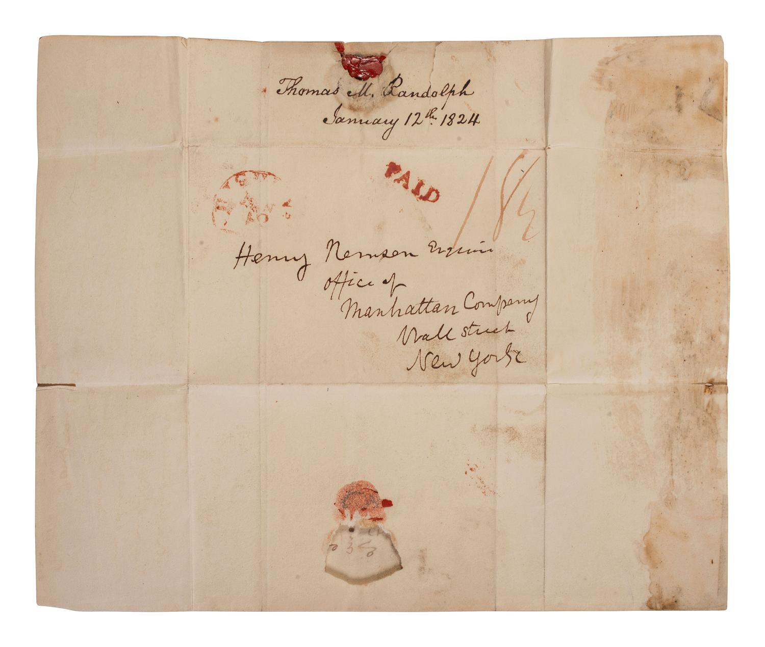 RANDOLPH, Thomas Mann (1768-1828), Virginia Governor and Thomas Jefferson's son-in-law. Autograph letter signed ("Th. M. Randolph"), discussing financial matters and enslaved persons. Richmond, Virginia. 12 January 1824.