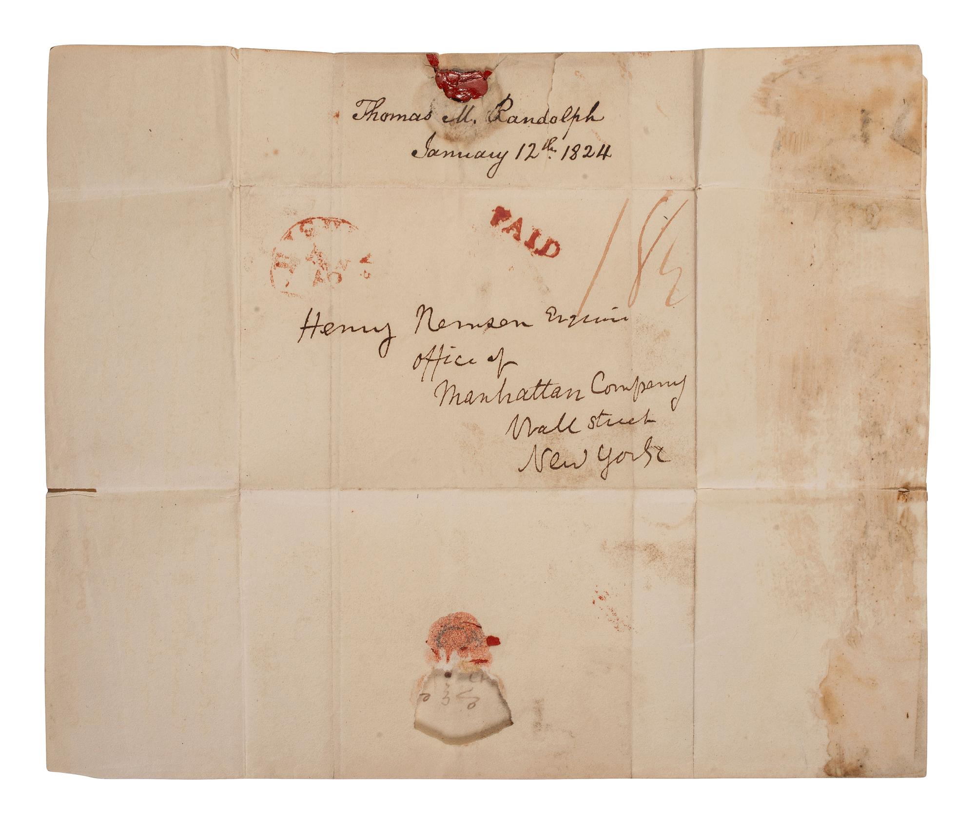 RANDOLPH, Thomas Mann (1768-1828), Virginia Governor and Thomas Jefferson's son-in-law. Autograph letter signed ("Th. M. Randolph"), discussing financial matters and enslaved persons. Richmond, Virginia. 12 January 1824.