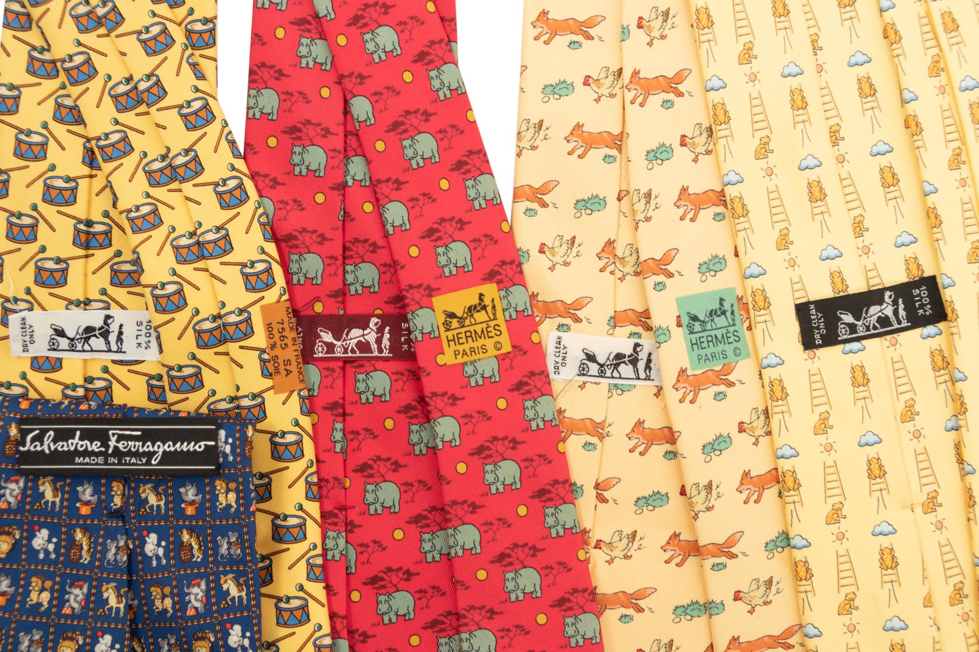 Collection of Five Ties: Four Hermès, One Salvatore Ferragamo, and One Hermès Handkerchief