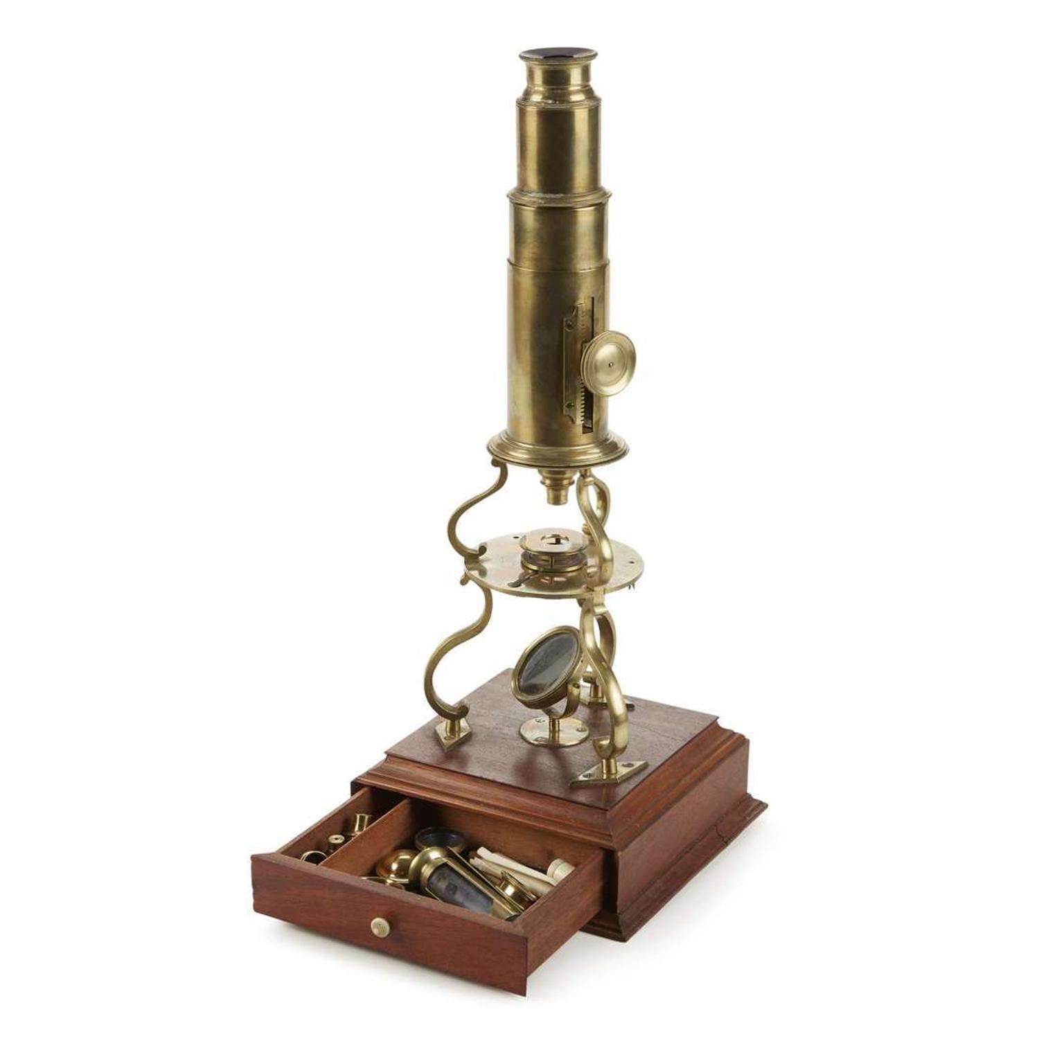 "Edmund Culpeper type" brass and mahogany compound monocular microscope London, England, circa 1780