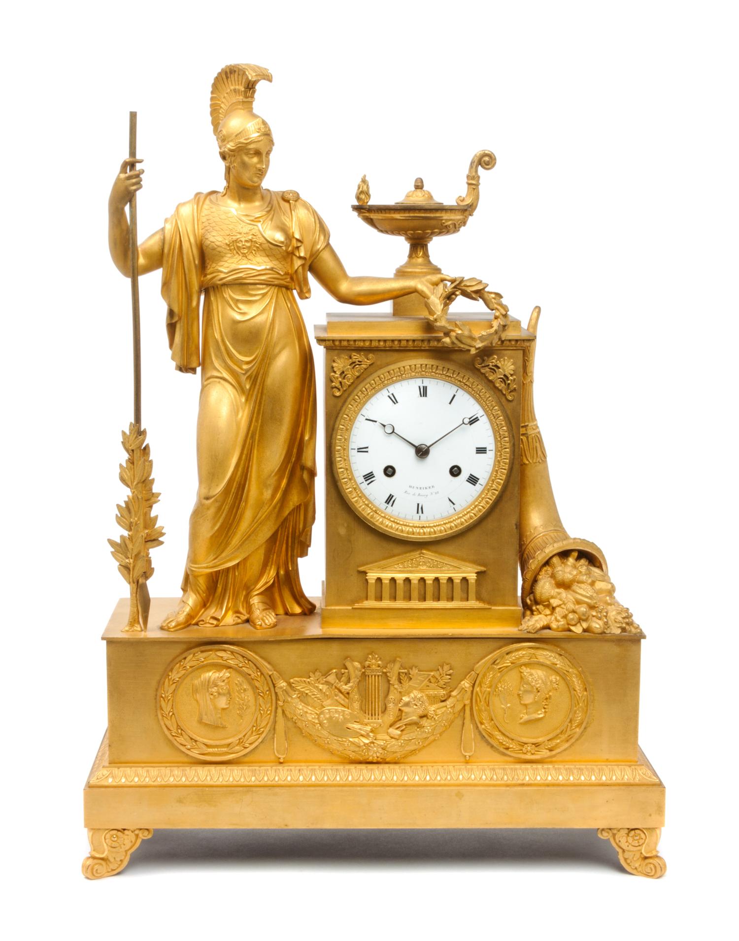 A French Gilt Bronze Figural Clock Height 19 1/2 x width 14 inches. — HUNZIKER, 19TH CENTURY