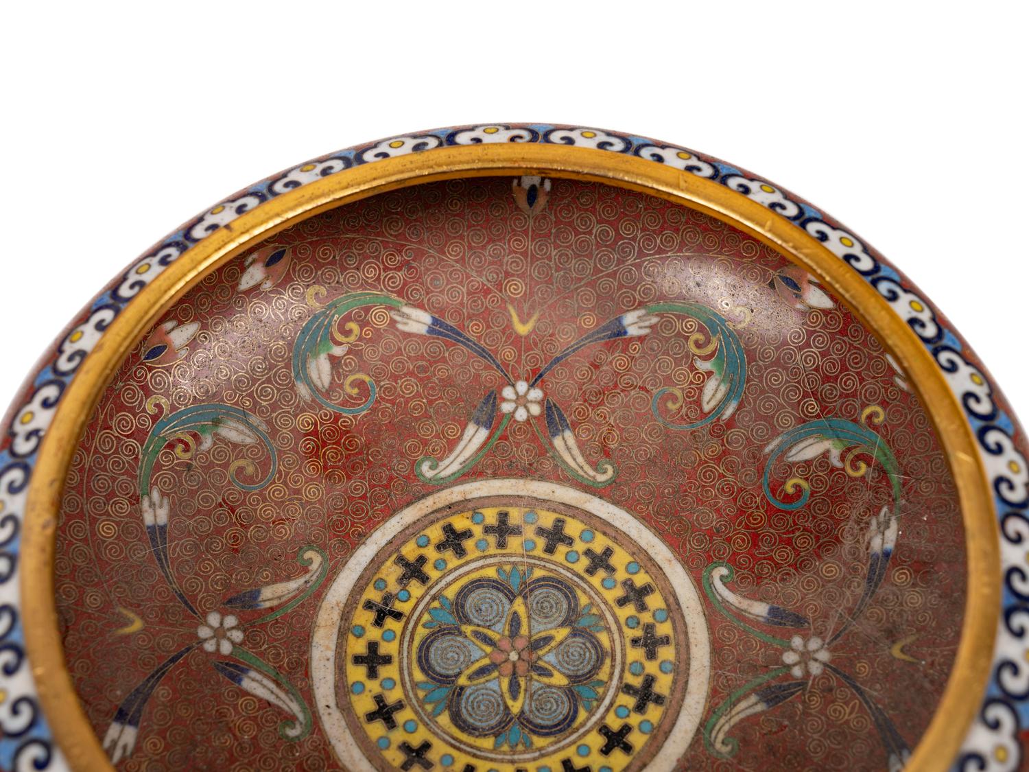 12 Japanese Red Ground Cloisonné Enameled Vessels