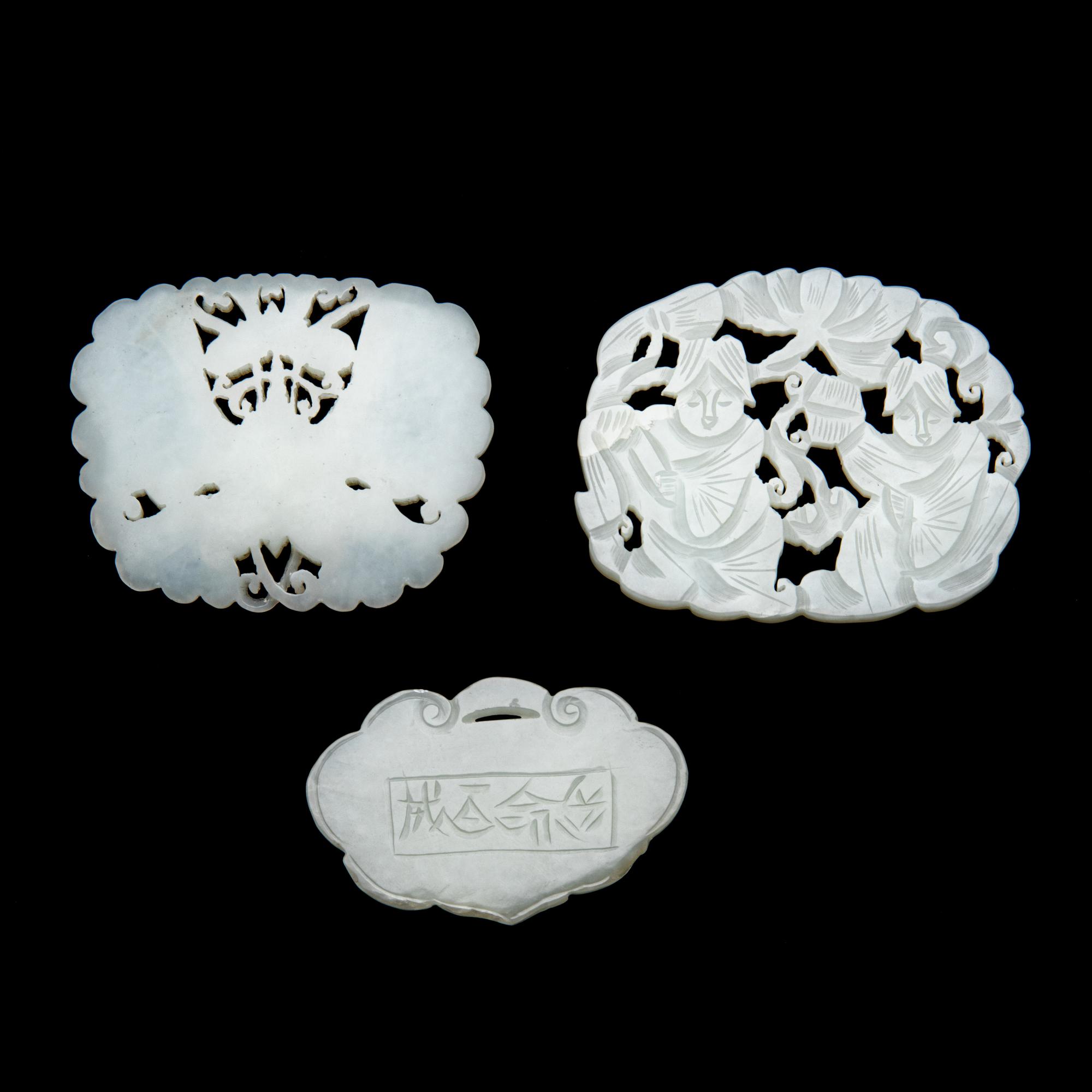 Three Chinese White Jade Plaques 清晚期 白玉花片三枚