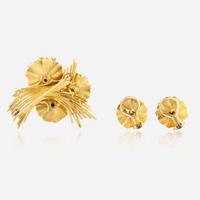 A Matching Set of 14K Yellow Gold and Diamond Earrings and Brooch
