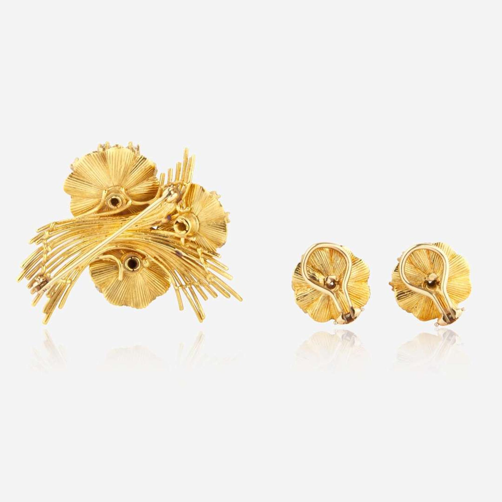 A Matching Set of 14K Yellow Gold and Diamond Earrings and Brooch