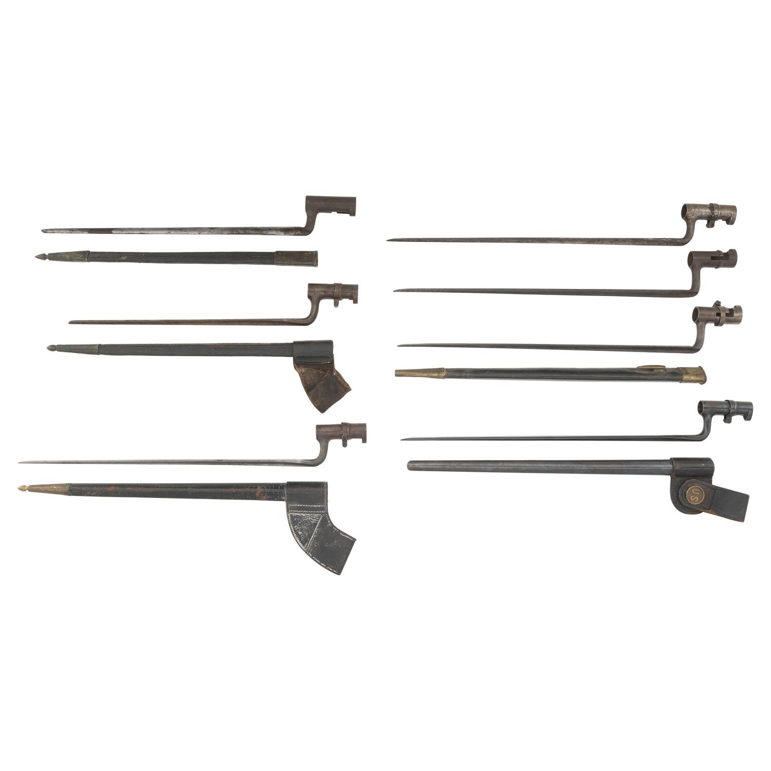 Lot of Seven 19th Century U.S. Socket Bayonets with Five Scabbards, Pre-Civil War to Indian Wars