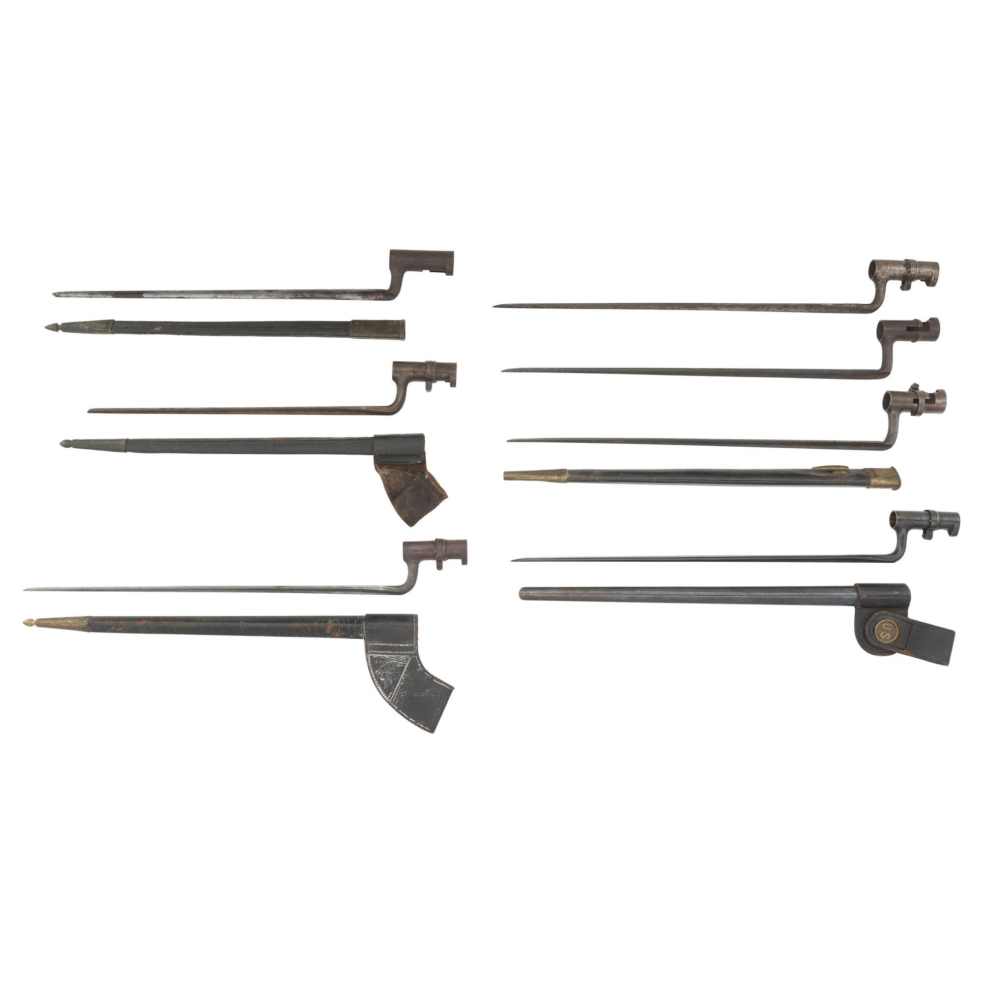 Lot of Seven 19th Century U.S. Socket Bayonets with Five Scabbards, Pre-Civil War to Indian Wars
