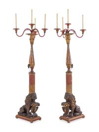 A Pair of Italian Painted and Parcel Gilt Four-Light Torchères