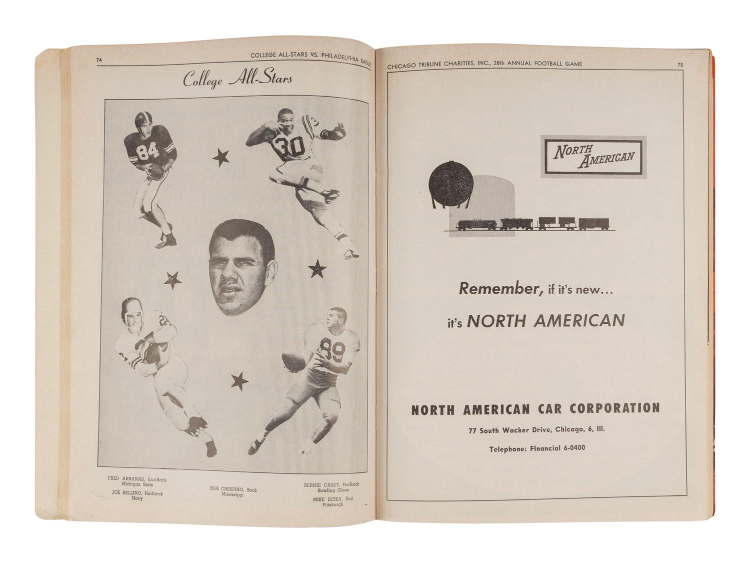 Mike Ditka's Personally Owned 1961 College All Stars vs Philadelphia Eagles Game Program