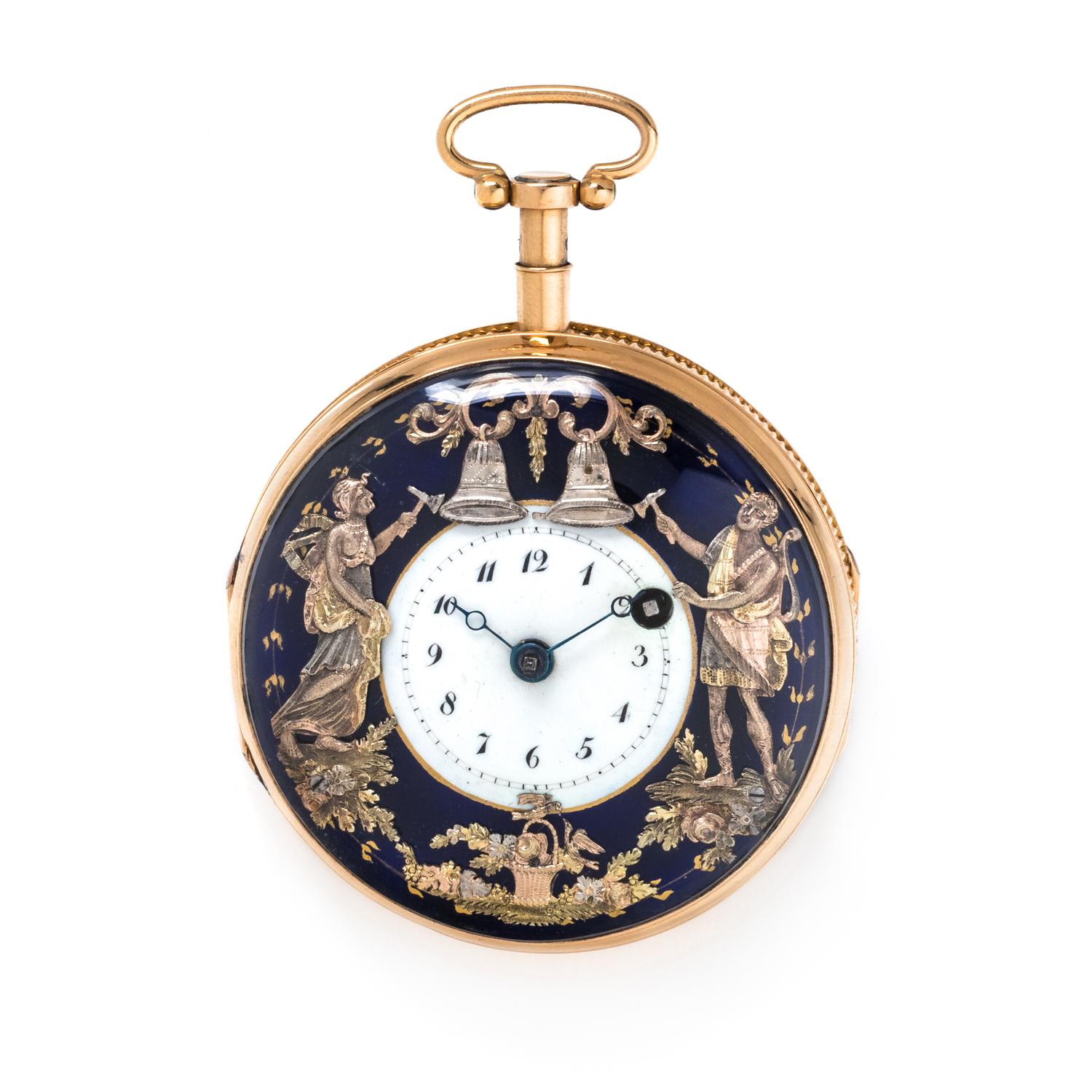 18K YELLOW GOLD AND ENAMEL AUTOMATON QUARTER REPEATER OPEN FACE POCKET WATCH