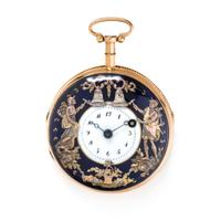 18K YELLOW GOLD AND ENAMEL AUTOMATON QUARTER REPEATER OPEN FACE POCKET WATCH