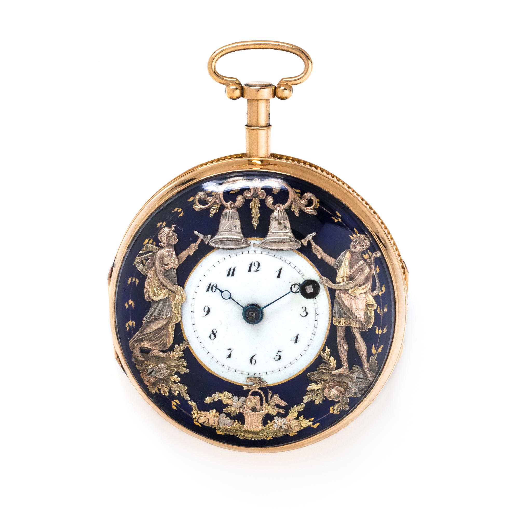 18K YELLOW GOLD AND ENAMEL AUTOMATON QUARTER REPEATER OPEN FACE POCKET WATCH