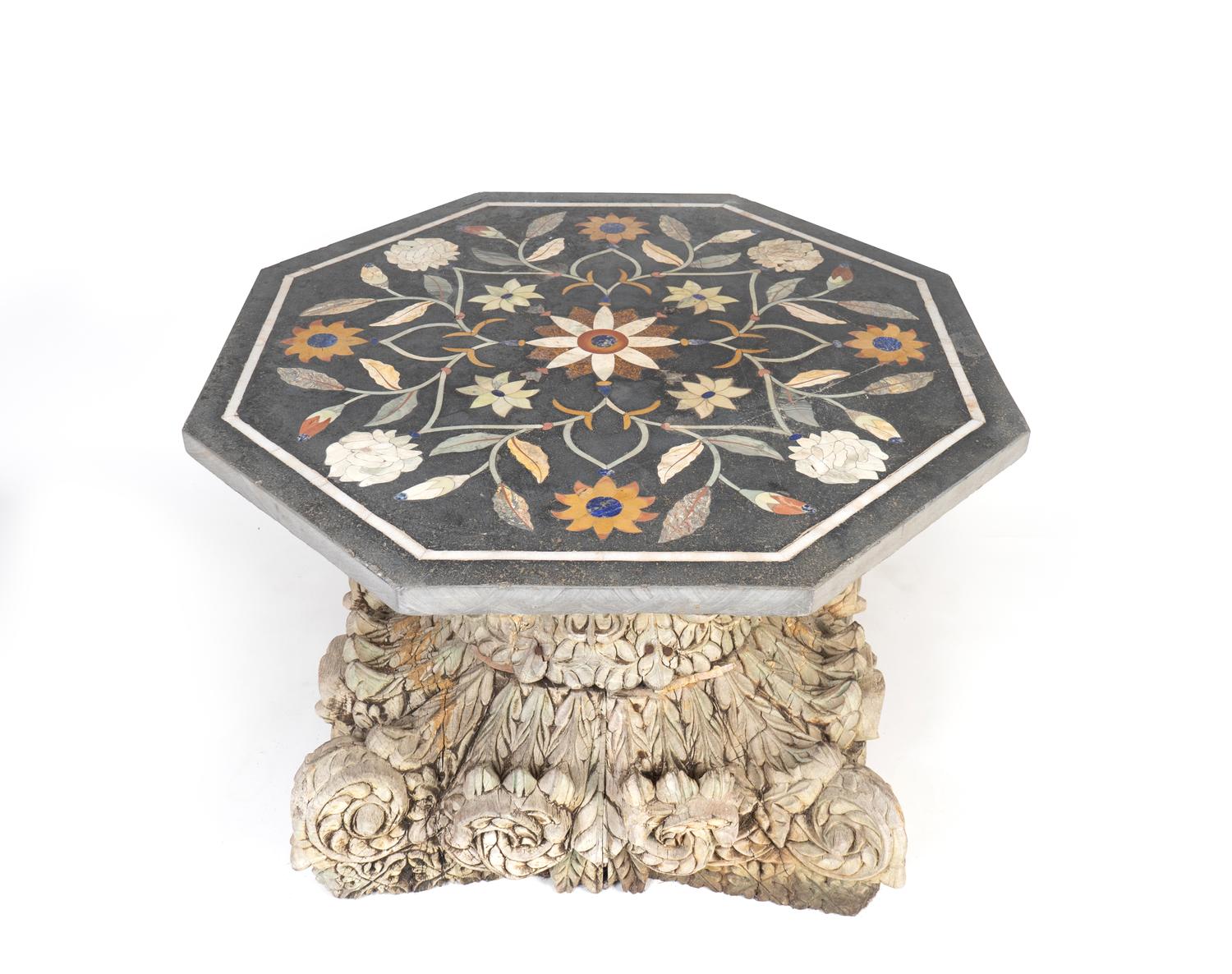 A Pietra Dura and Scagliola Hexagonal Tabletop on an Indian Corinthian Capital-Form Base — 20TH CENTURY