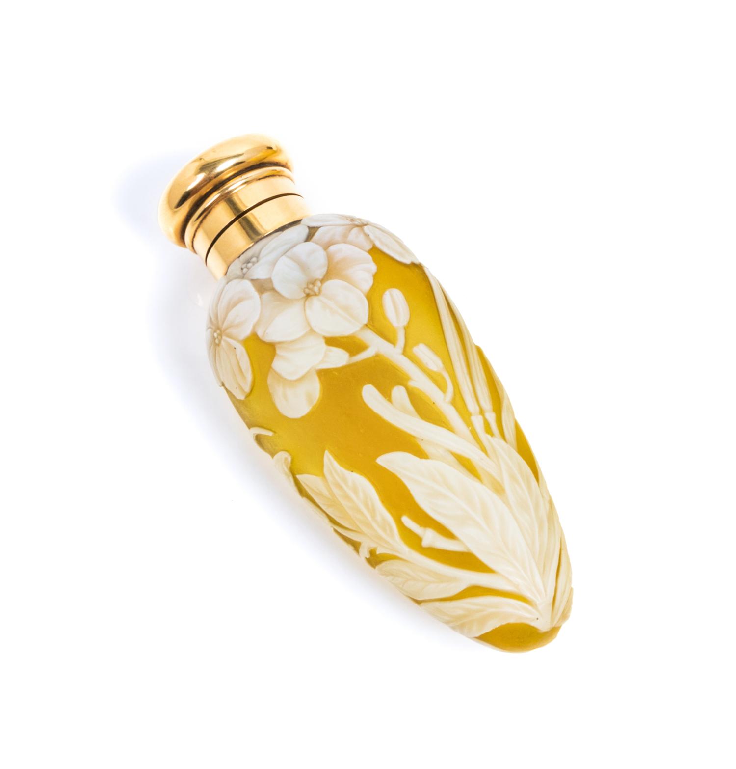 English, LATE 19TH CENTURY, a 15K yellow gold mounted cameo glass perfume bottle, of tapering form with floral decoration
