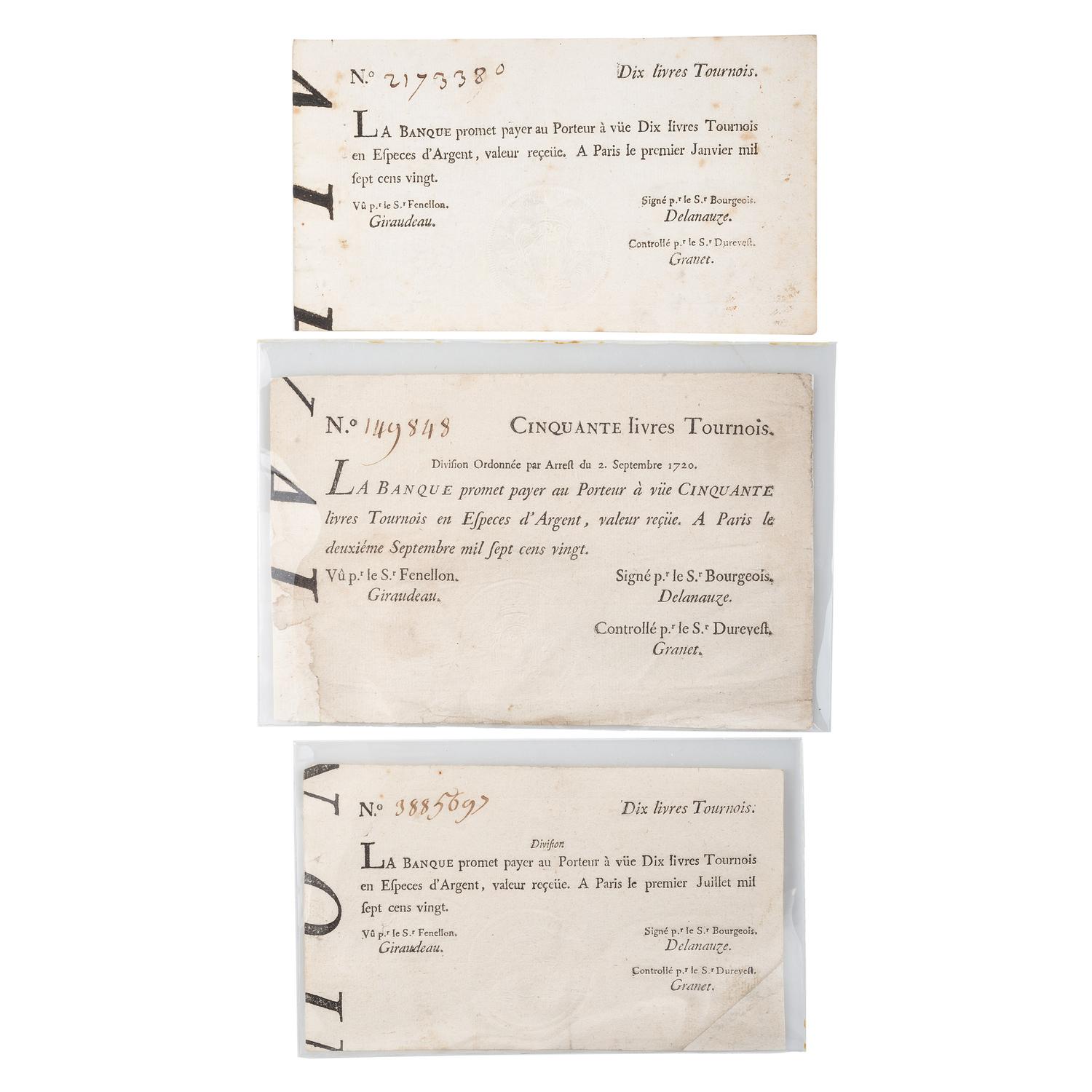 [COLONIAL CURRENCY - LOUISIANA]. A group of 3 Banque Royale, John Law notes, 1720.