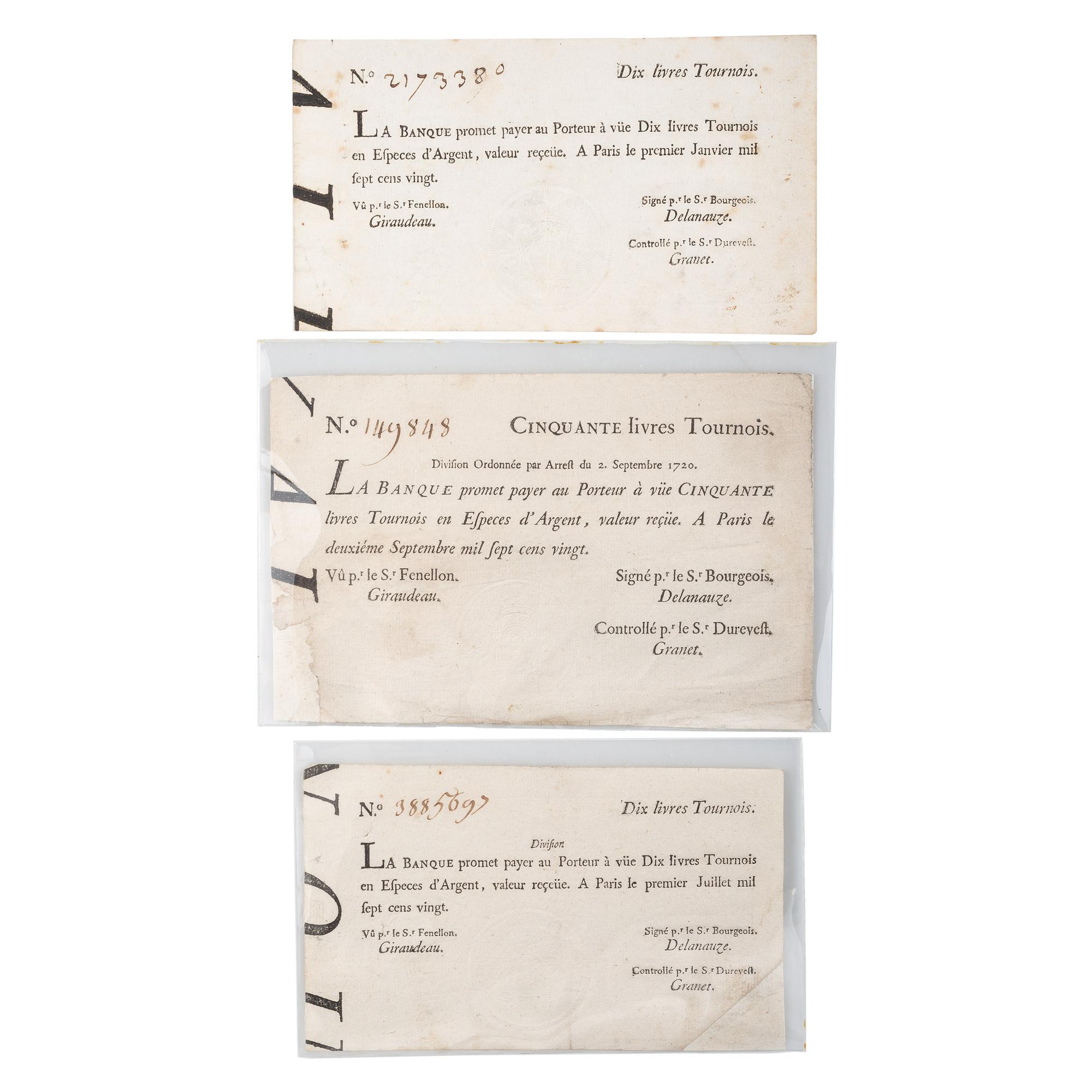 [COLONIAL CURRENCY - LOUISIANA]. A group of 3 Banque Royale, John Law notes, 1720.