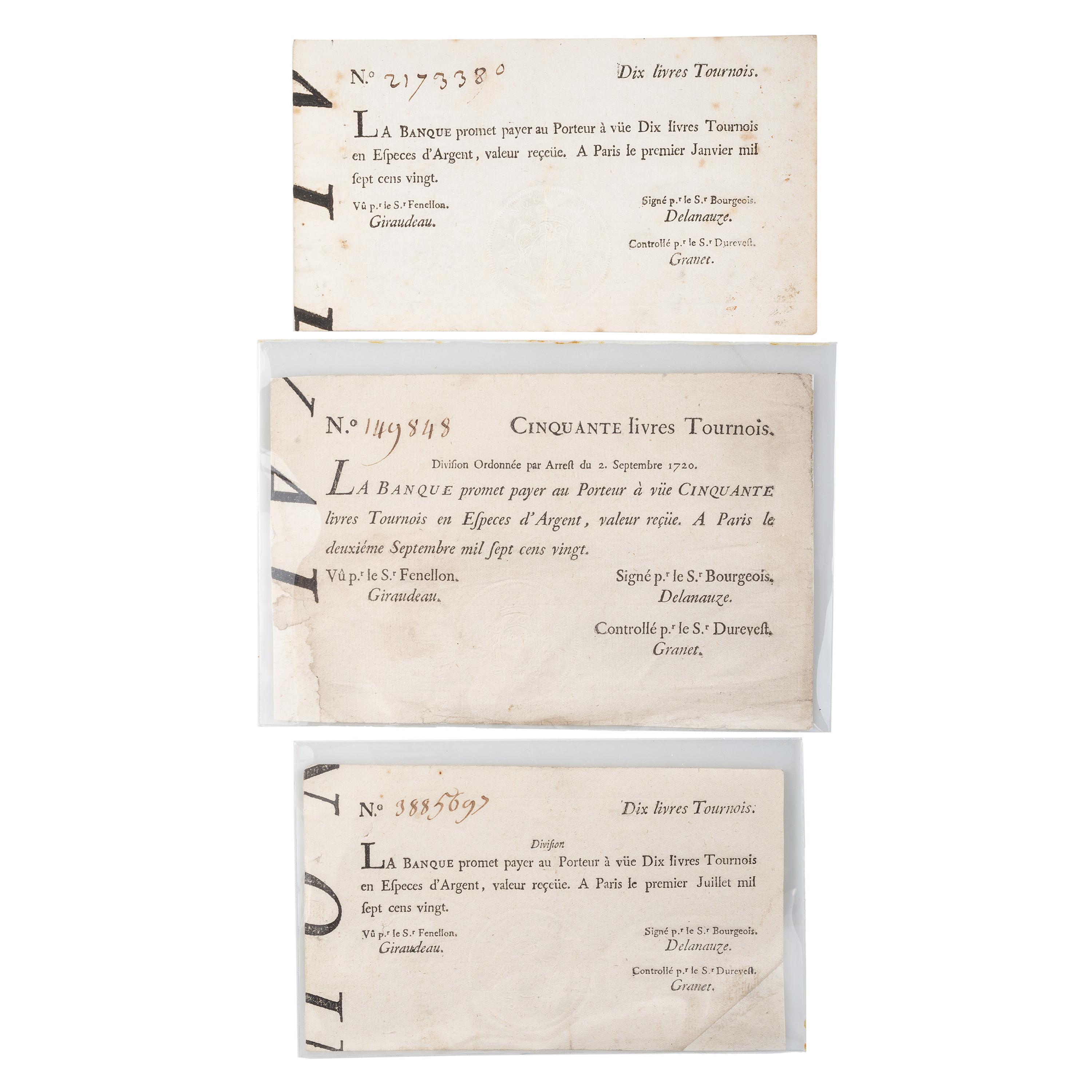 [COLONIAL CURRENCY - LOUISIANA]. A group of 3 Banque Royale, John Law notes, 1720.