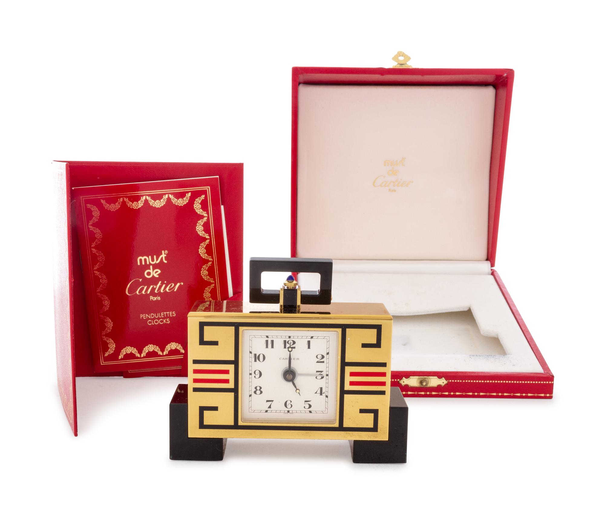 A Cartier Art Deco Style Enameled Desk Clock