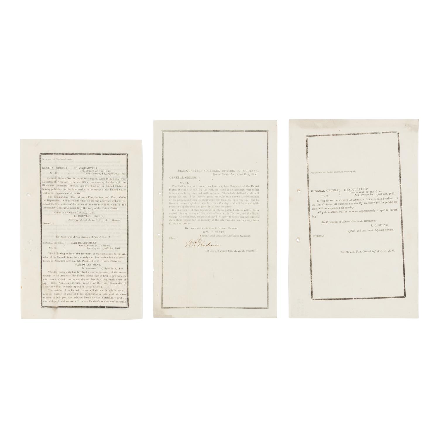 [LINCOLN FUNERAL]. A group of 3 general orders, comprising: