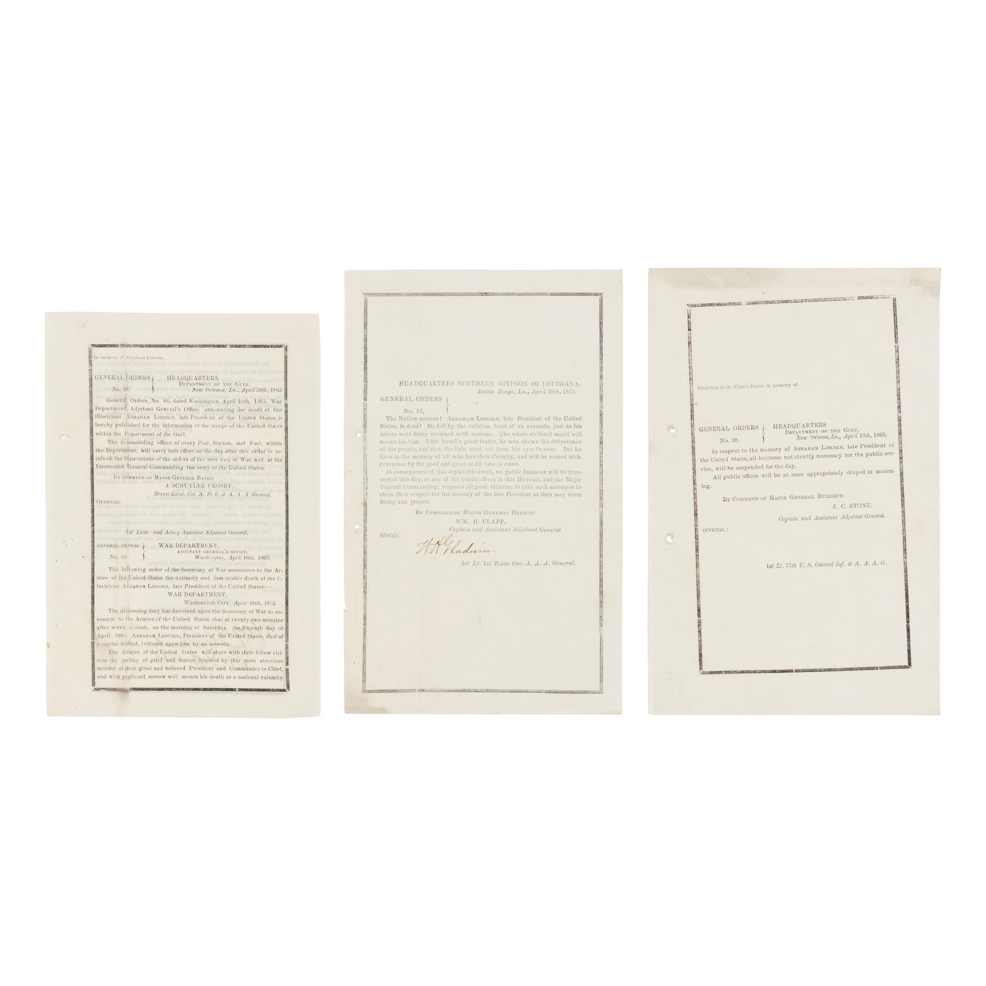 [LINCOLN FUNERAL]. A group of 3 general orders, comprising: