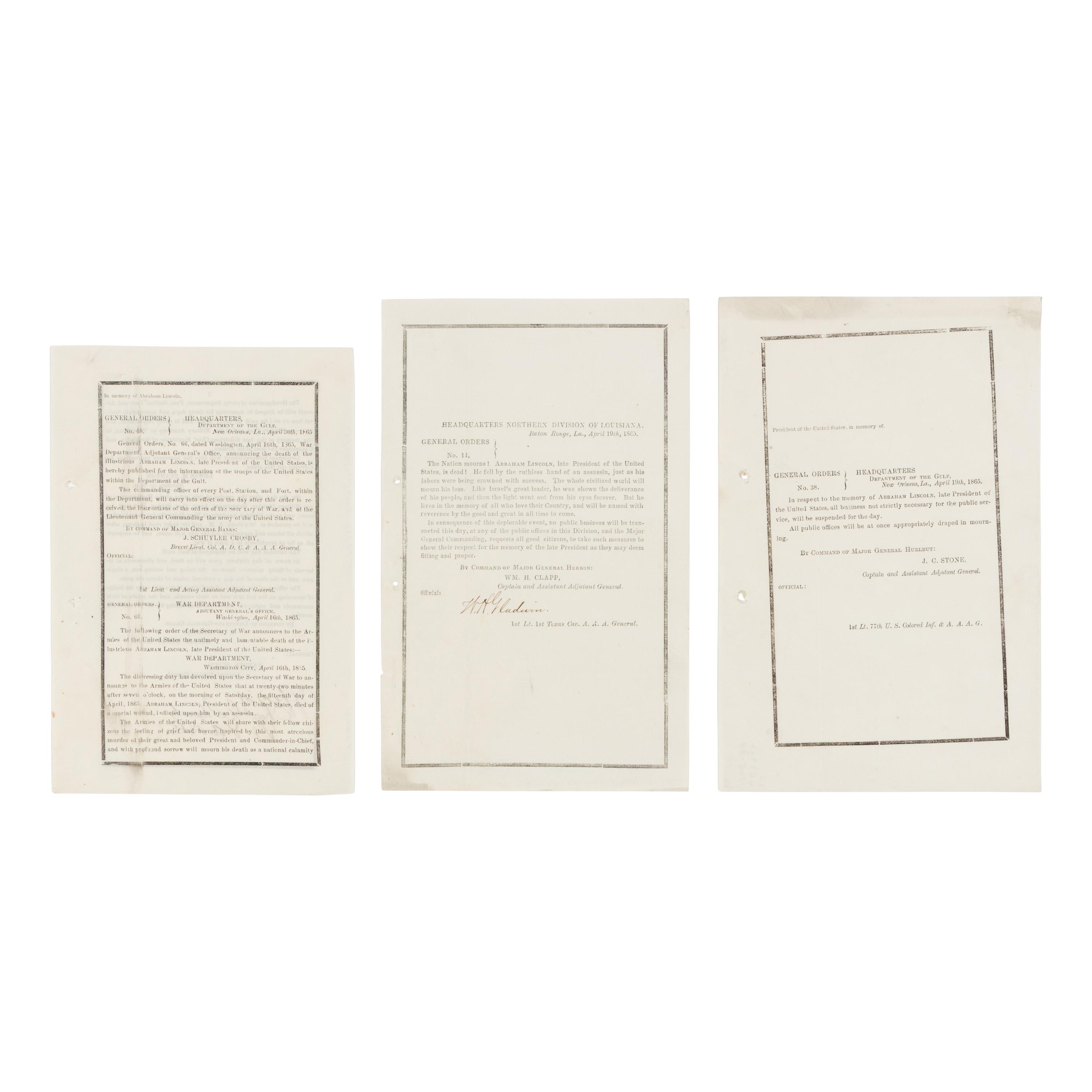 [LINCOLN FUNERAL]. A group of 3 general orders, comprising: