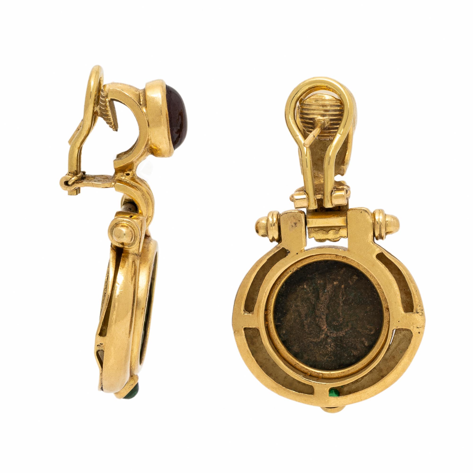 Yellow Gold, Tourmaline, and Coin Earrings