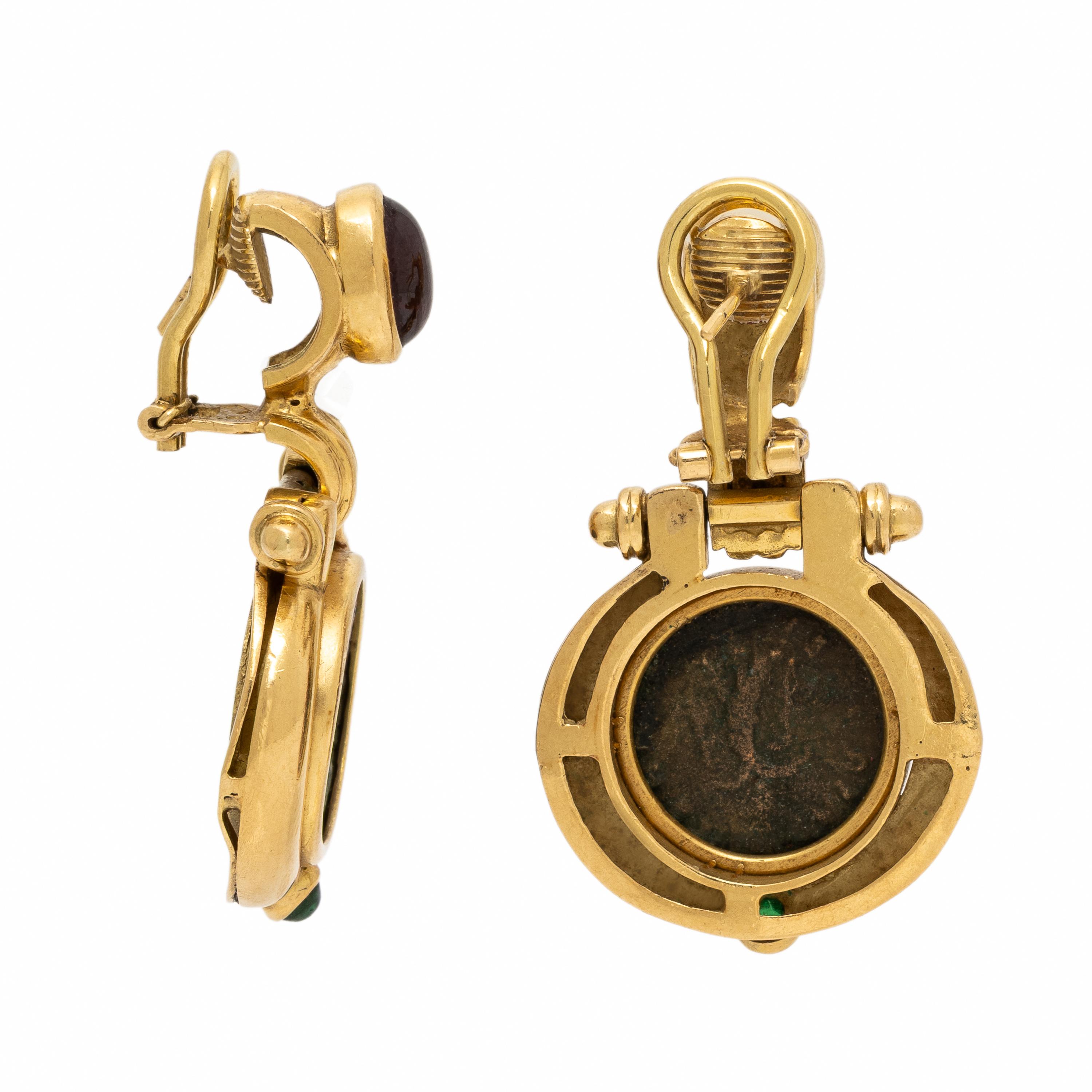 Yellow Gold, Tourmaline, and Coin Earrings