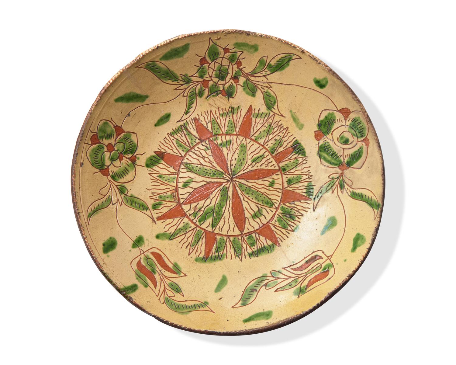 Two Glazed and Sgraffito- Decorated Redware Dishes, One Attributed to John Leidy (1753-1818), Montgomery County, Pennsylvania