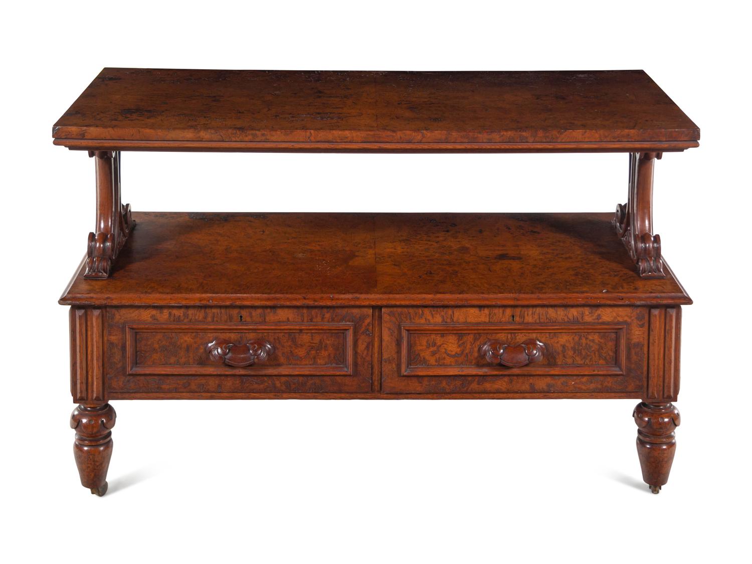 A Late William IV Burl Walnut Two-Tier Table
