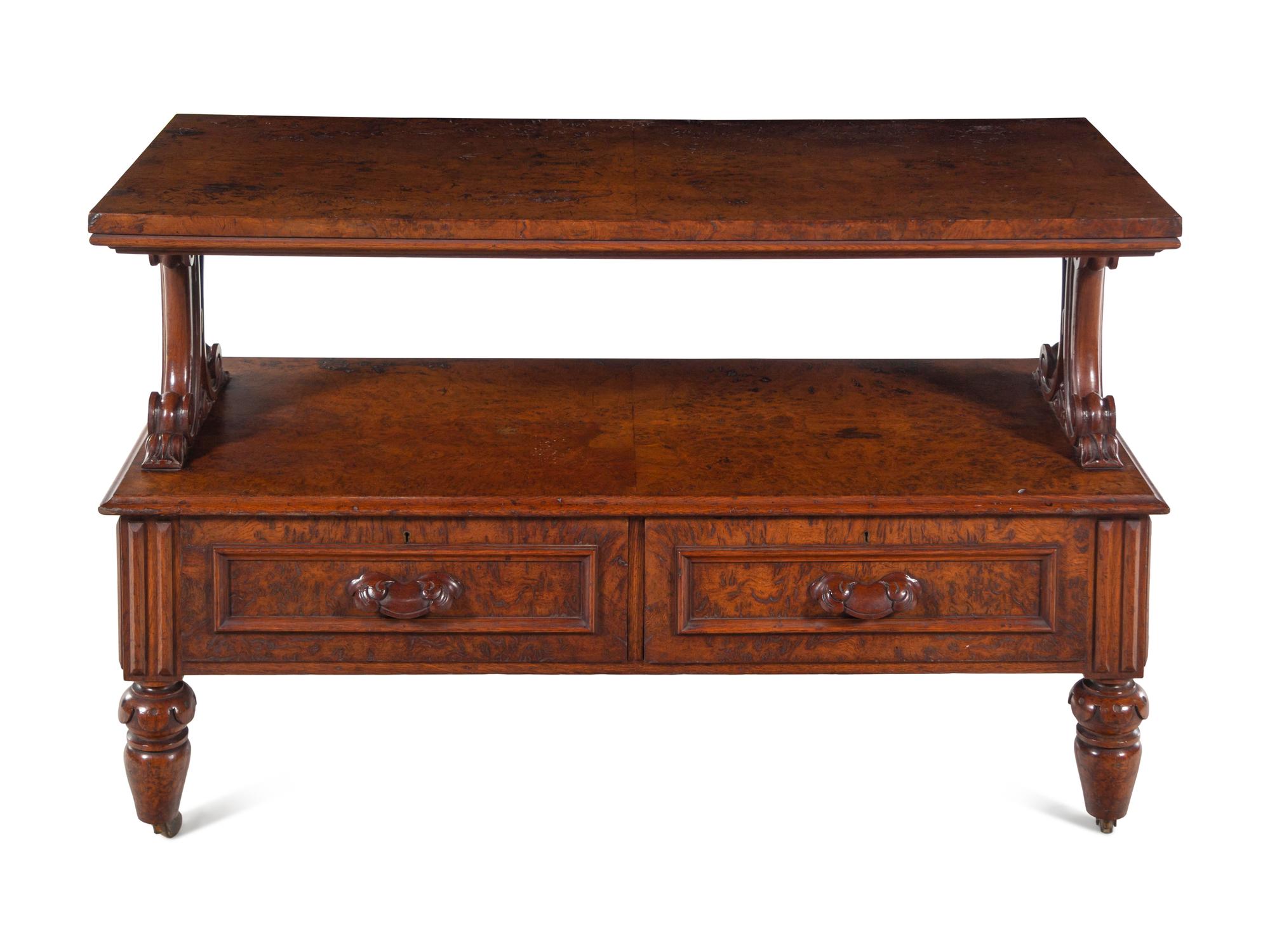 A Late William IV Burl Walnut Two-Tier Table