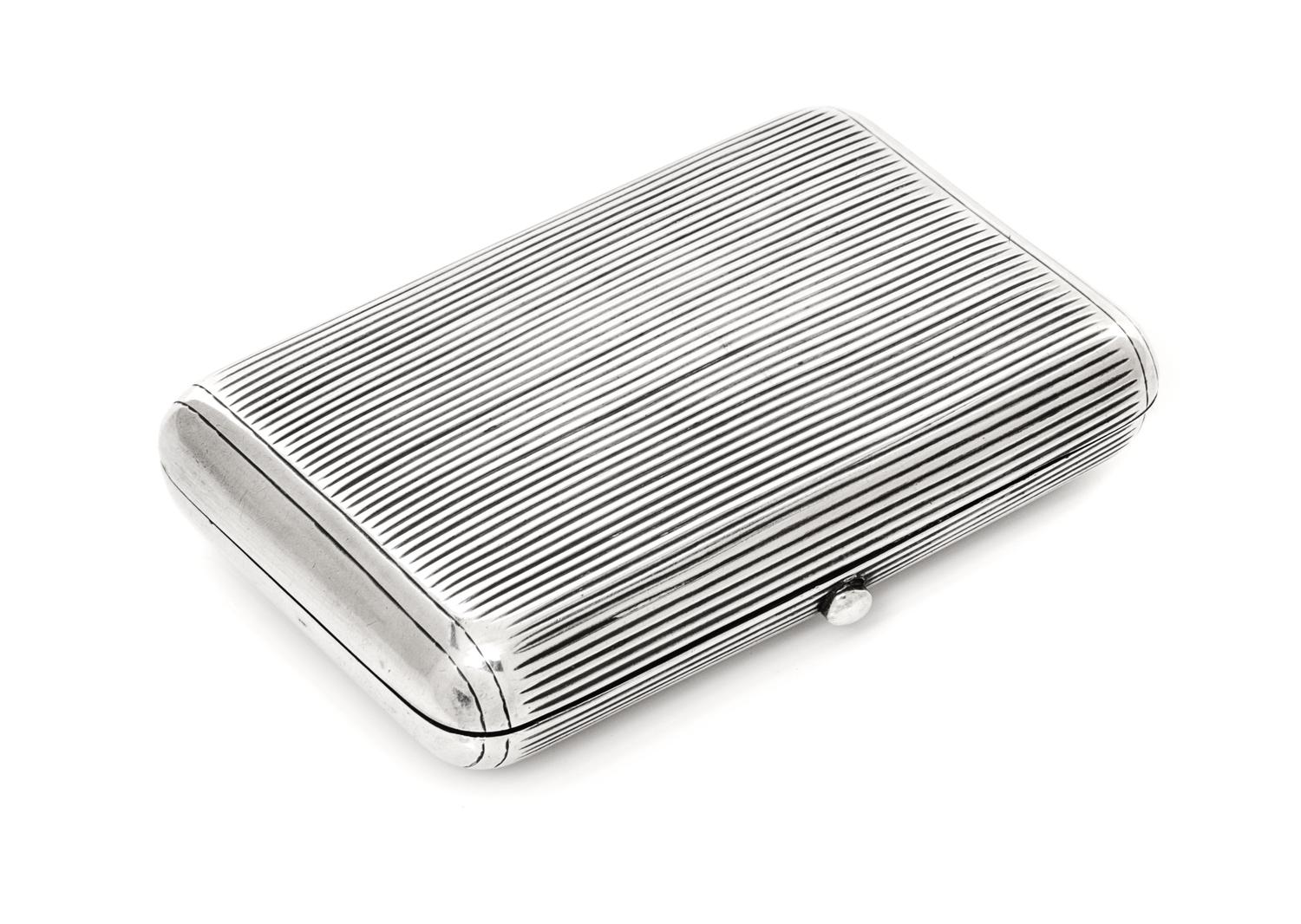 A Russian Silver Cigarette Case, Maker's mark AE, assay mark of Lev Oleks, Moscow, 1896, the lid and underside with reeded decoration.