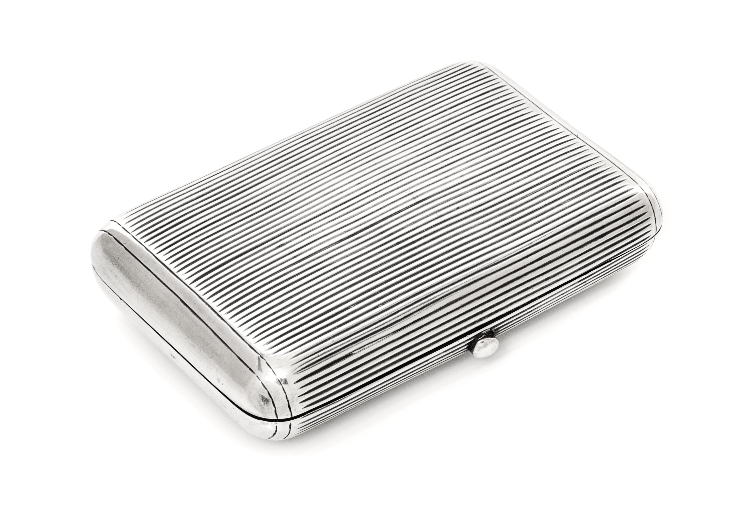 A Russian Silver Cigarette Case, Maker's mark AE, assay mark of Lev Oleks, Moscow, 1896, the lid and underside with reeded decoration.