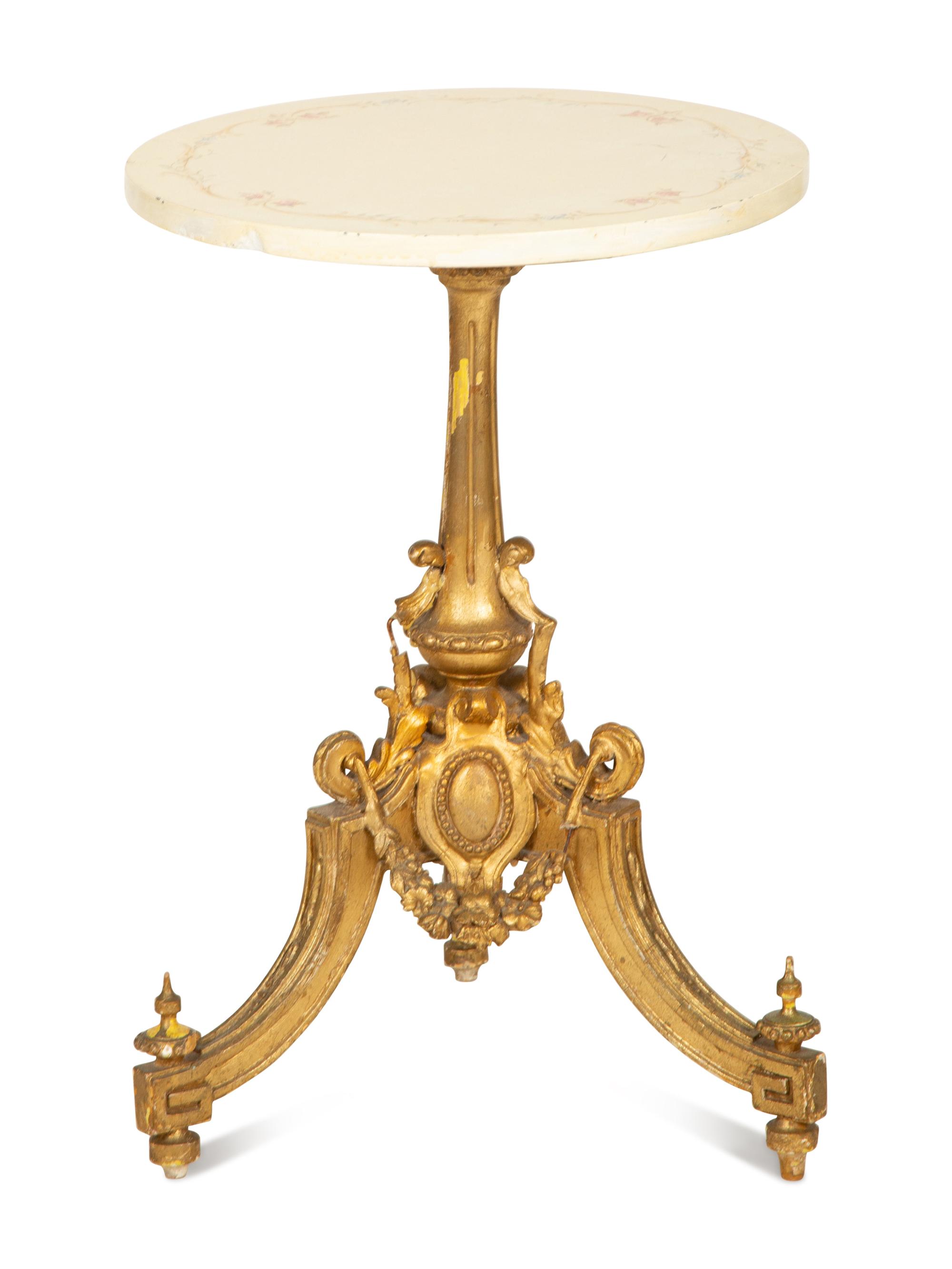 A Louis XVI Style Carved Giltwood Tripod Table Base with an Associated Top