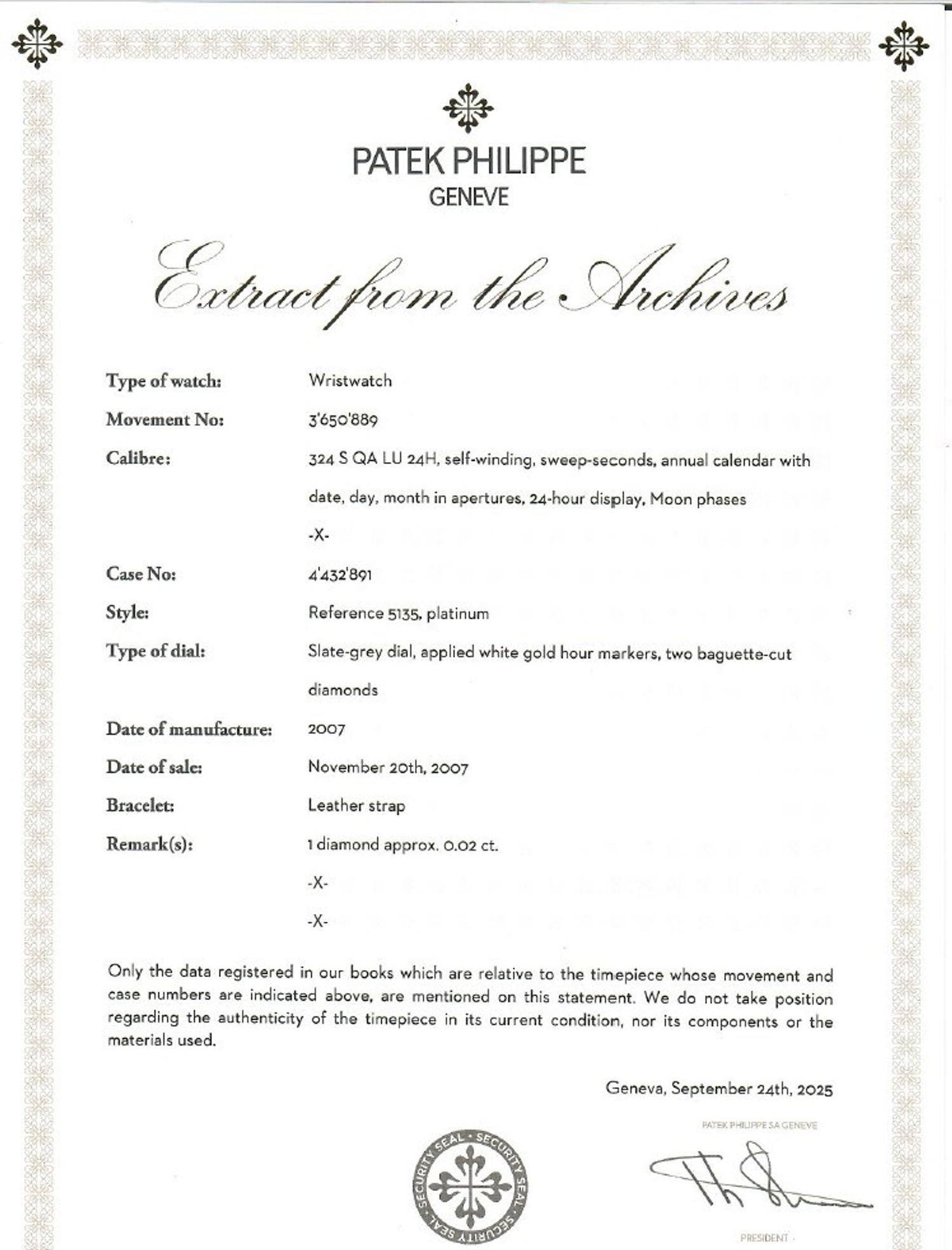 Patek Philippe, Ref. 5135P, Platinum Annual Calendar Moonphase Watch, with Box, Manuals, and Extract from the Archives