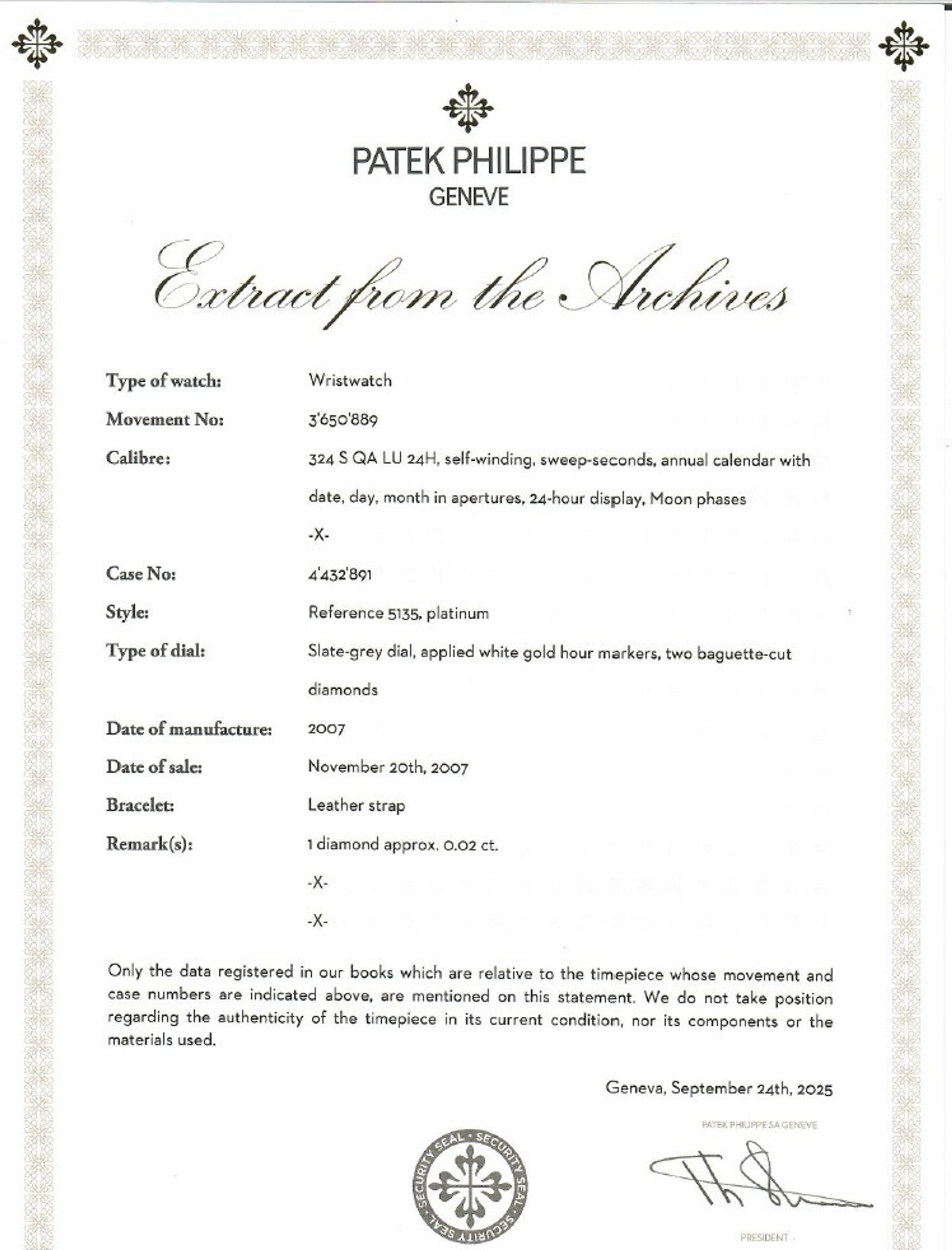 Patek Philippe, Ref. 5135P, Platinum Annual Calendar Moonphase Watch, with Box, Manuals, and Extract from the Archives