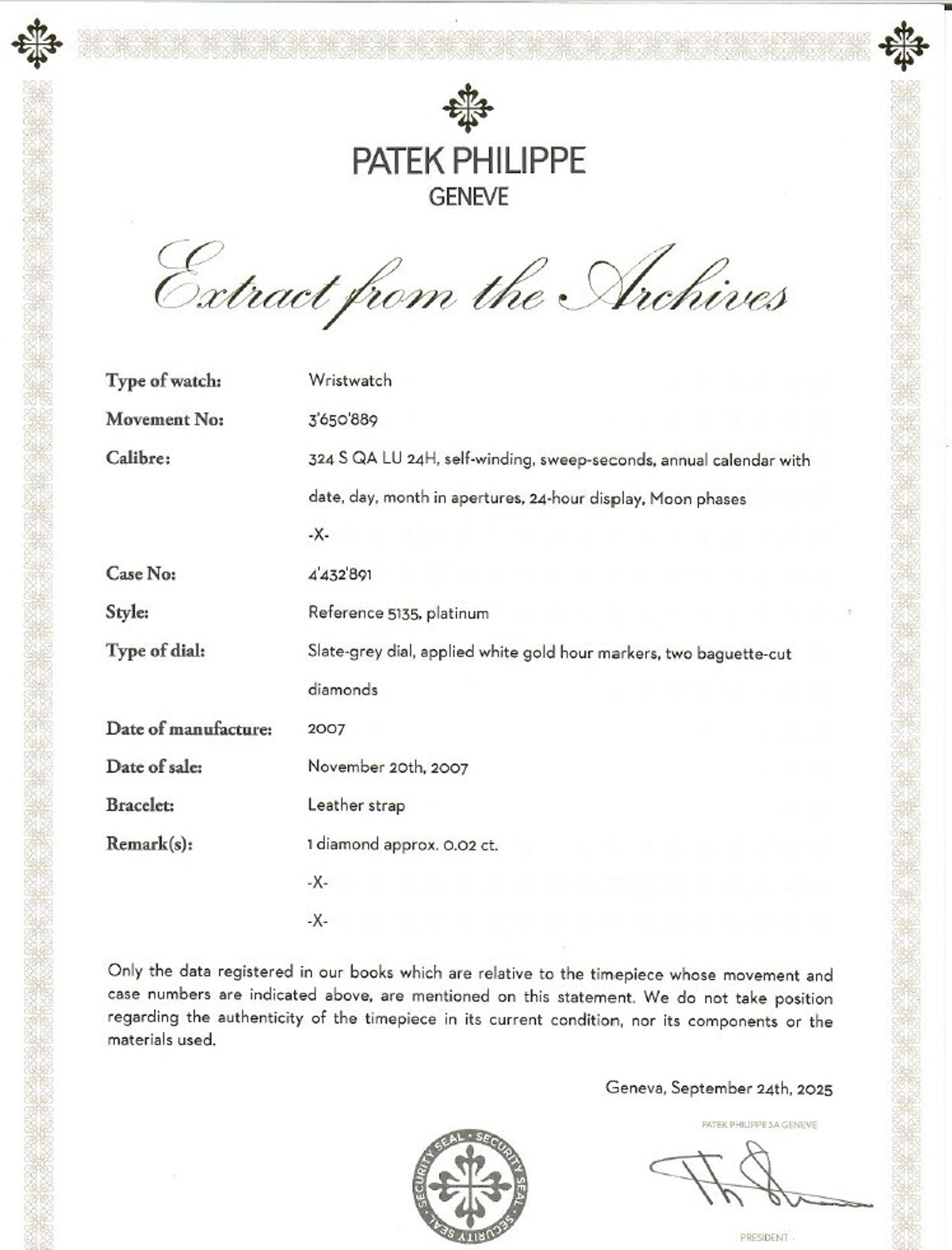 Patek Philippe, Ref. 5135P, Platinum Annual Calendar Moonphase Watch, with Box, Manuals, and Extract from the Archives