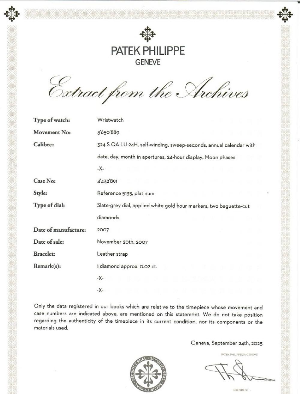 Patek Philippe, Ref. 5135P, Platinum Annual Calendar Moonphase Watch, with Box, Manuals, and Extract from the Archives