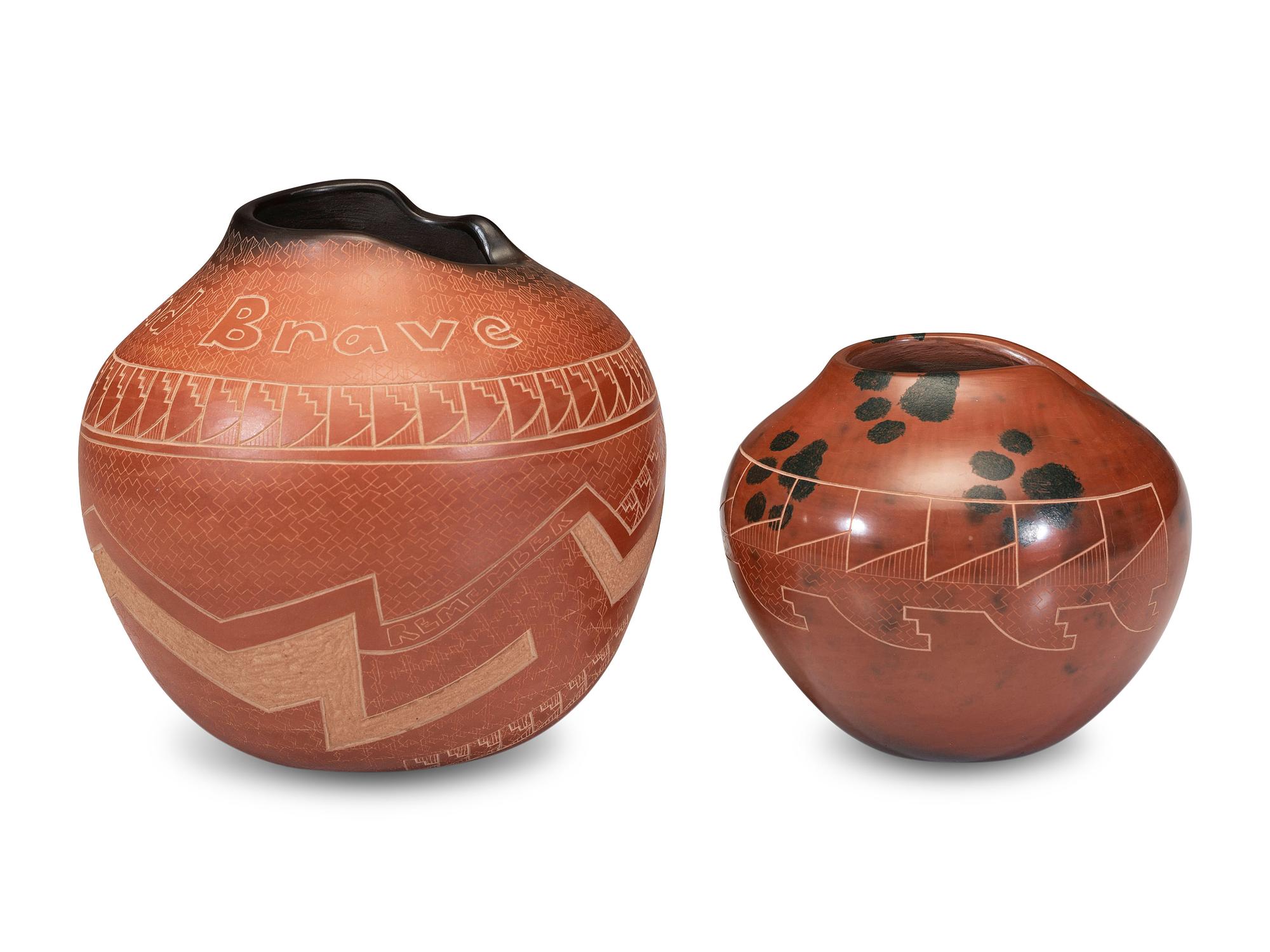 Pair of Redware Sgraffito Pottery Jars