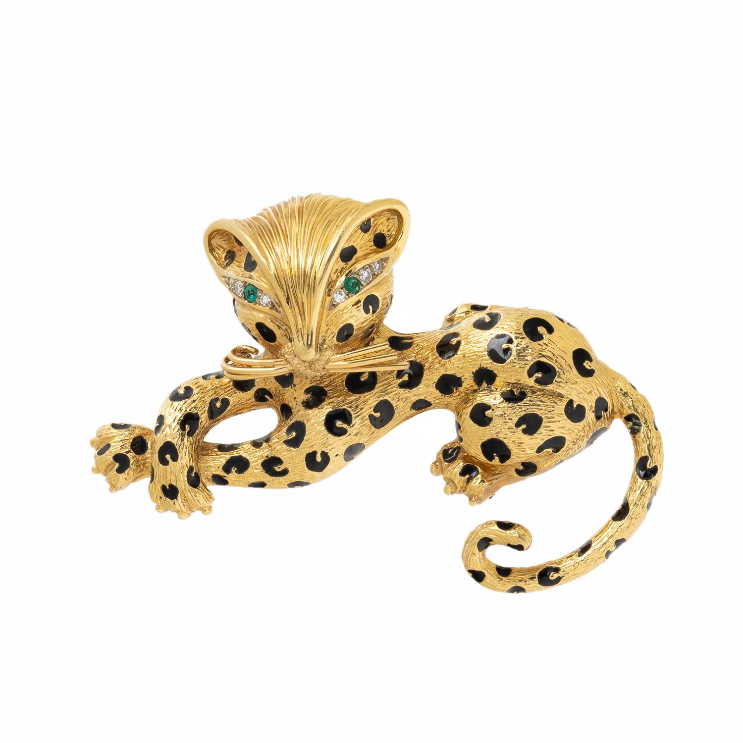 FRED PARIS, YELLOW GOLD, ENAMEL, DIAMOND, AND EMERALD LEOPARD BROOCH