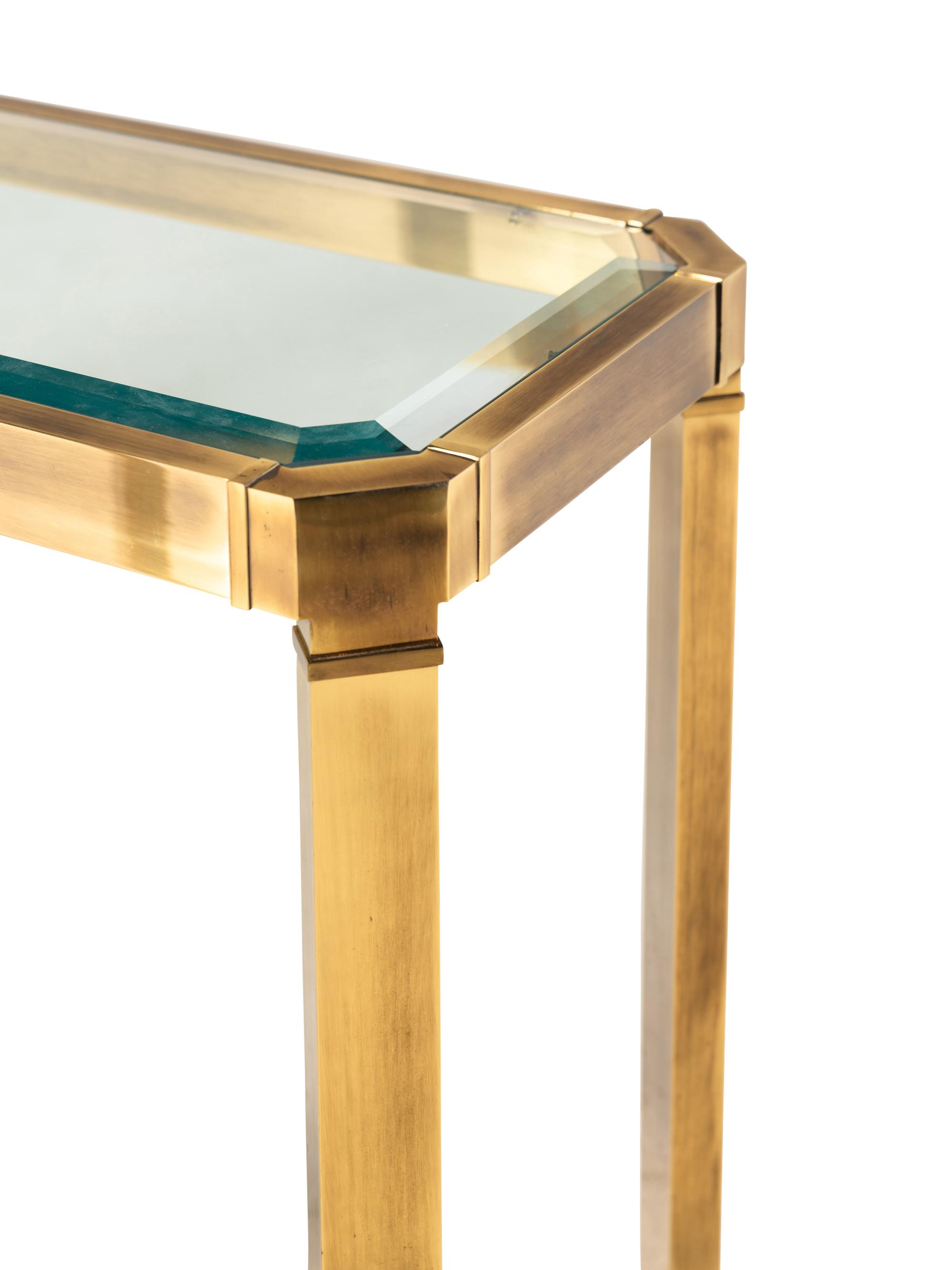 A Pair of Brass and Glass Console Tables Attributed to Mastercraft