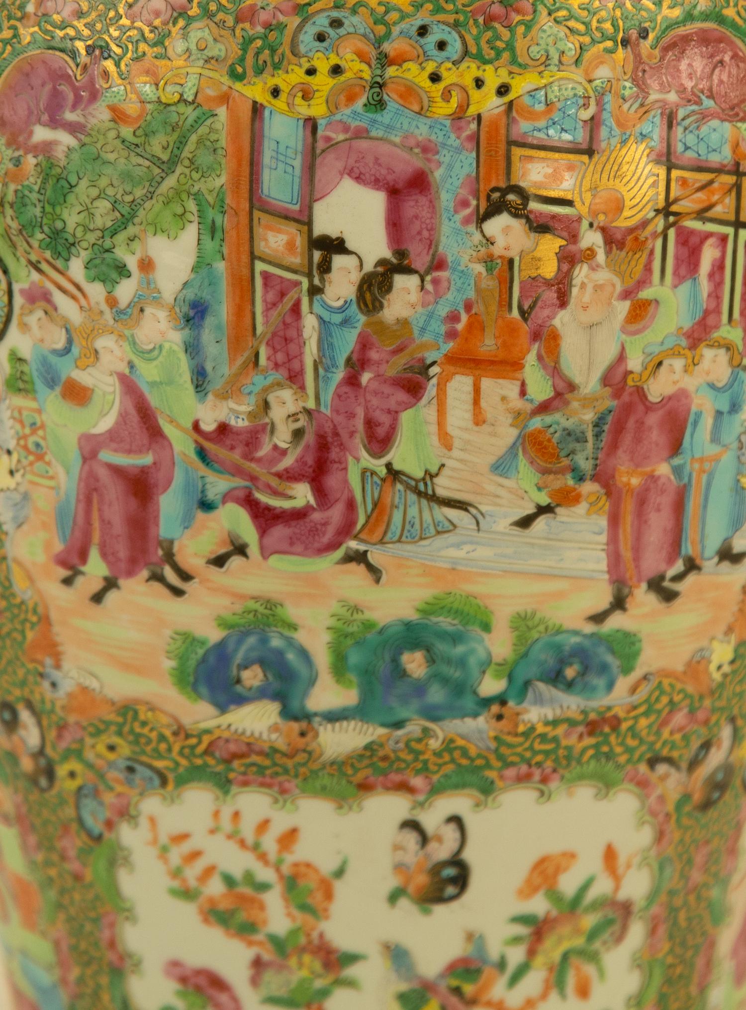A Large Pair of Chinese Rose Medallion Porcelain Covered Urns