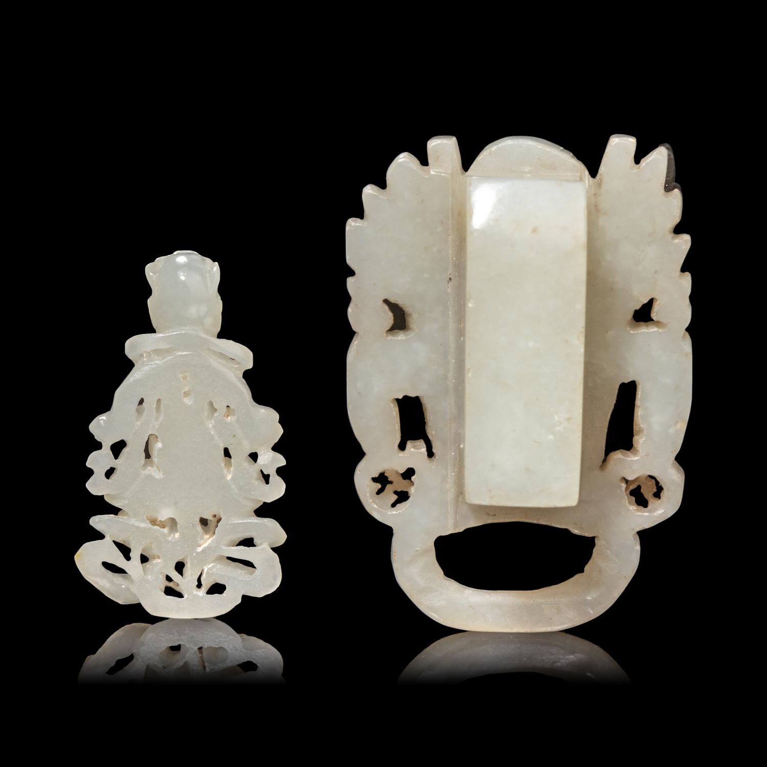 A Small Chinese Pale Celadon Jade Figure of a Bodhisattva and a Celadon Jade 'Dragon' Belt Hook 青白玉觀音及龍鈎