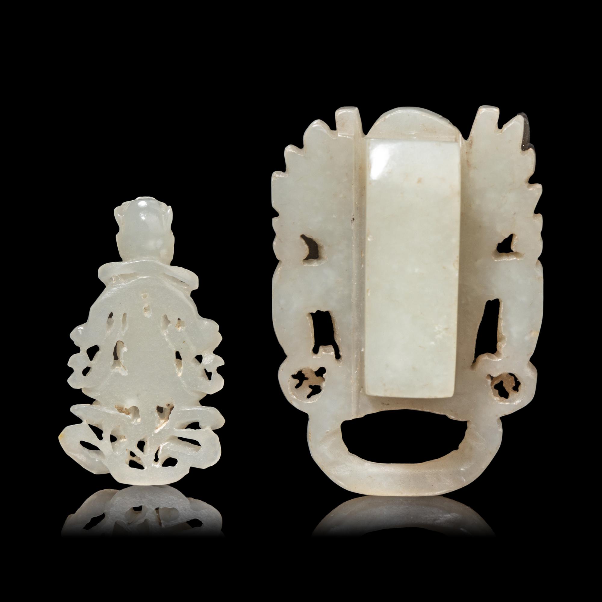 A Small Chinese Pale Celadon Jade Figure of a Bodhisattva and a Celadon Jade 'Dragon' Belt Hook 青白玉觀音及龍鈎