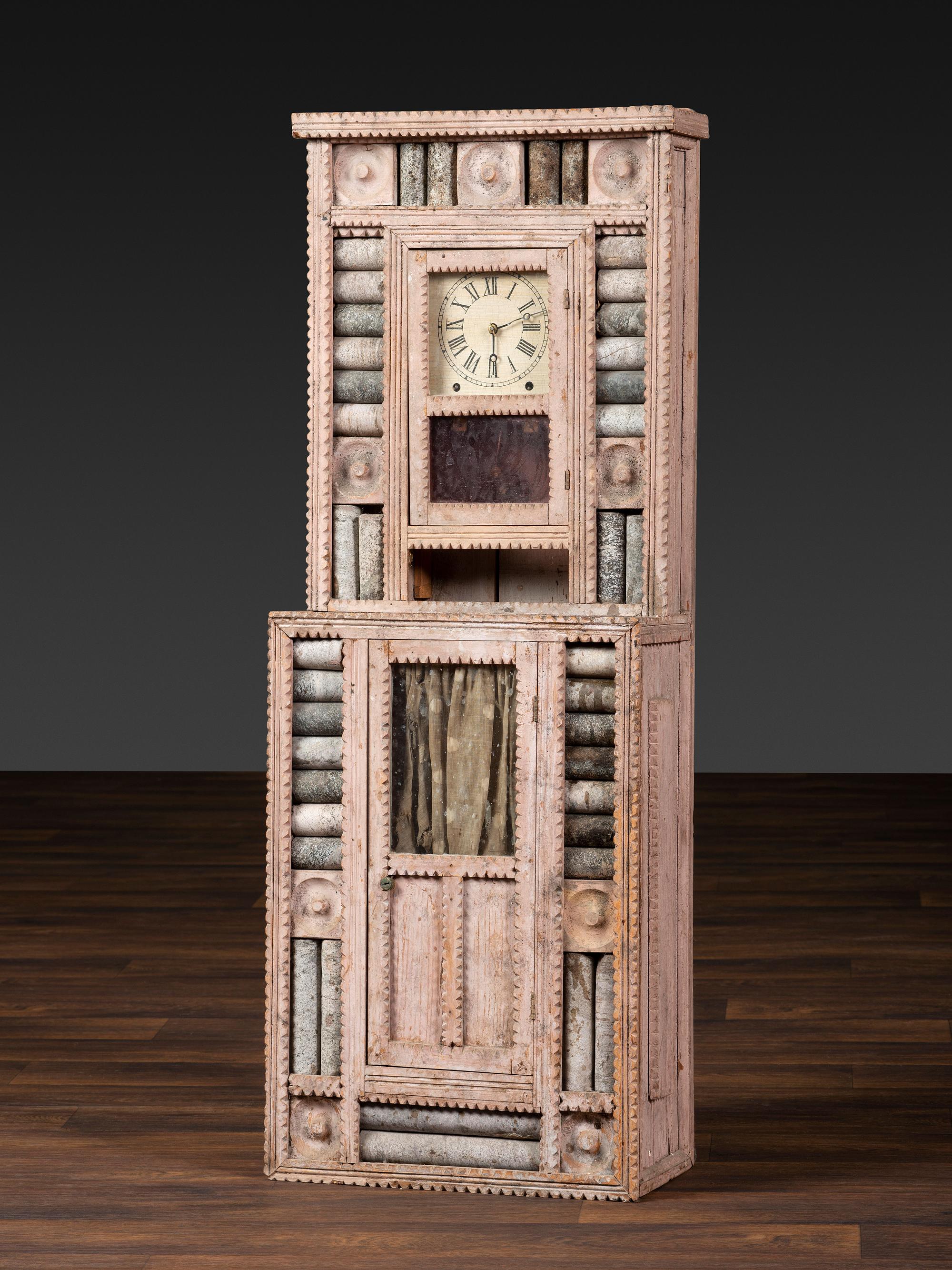 A Folk Art Granite Carved and Painted Wood Shelf Clock